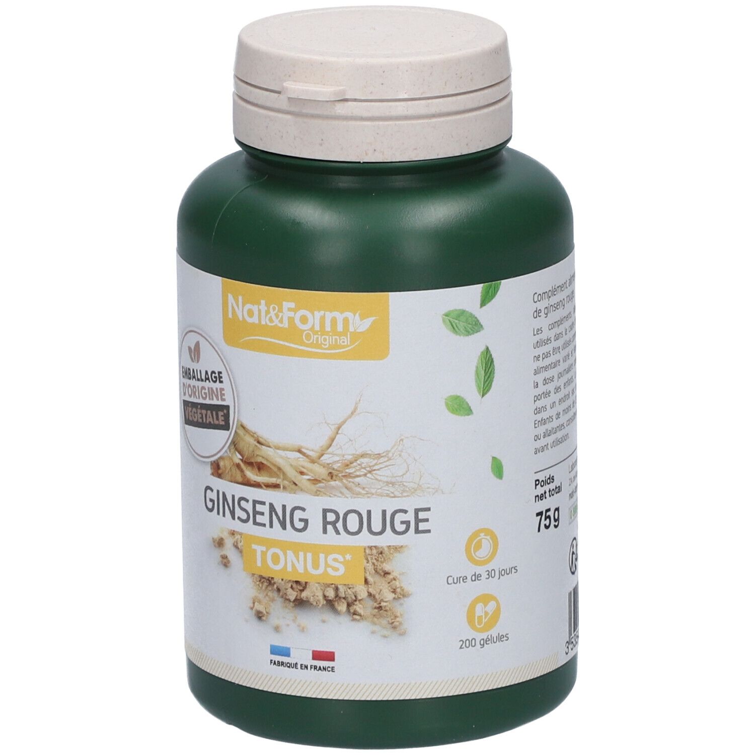Flacon vert avec couvercle blanc. Inscription : Nat&Form Original, Ginseng Rouge, Tonus. 200 gélules, 75g.