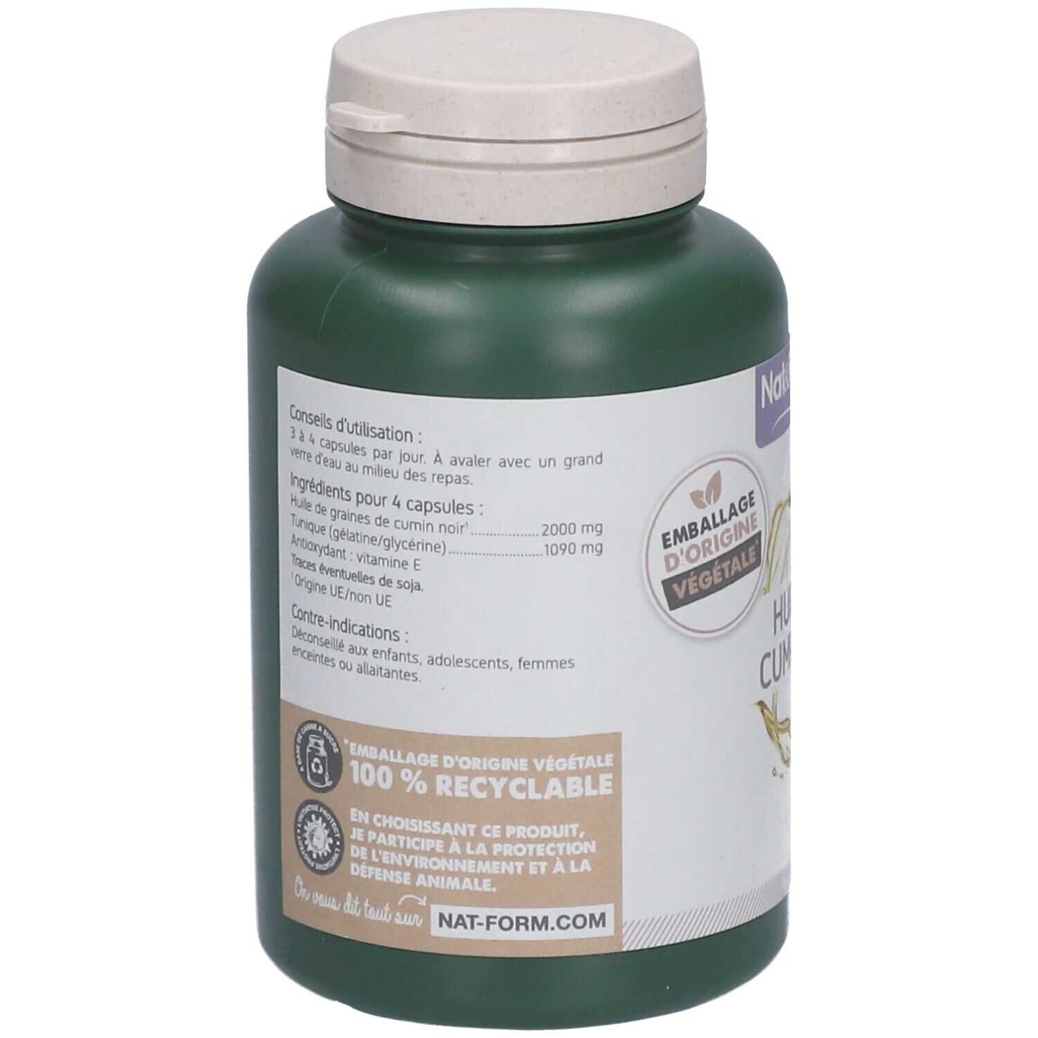 Dos du flacon vert. Inscription: Huile de Cumin Noir. Marque: Nat&Form. Liste des ingrédients. Emballage d'origine végétale. 100% recyclable.