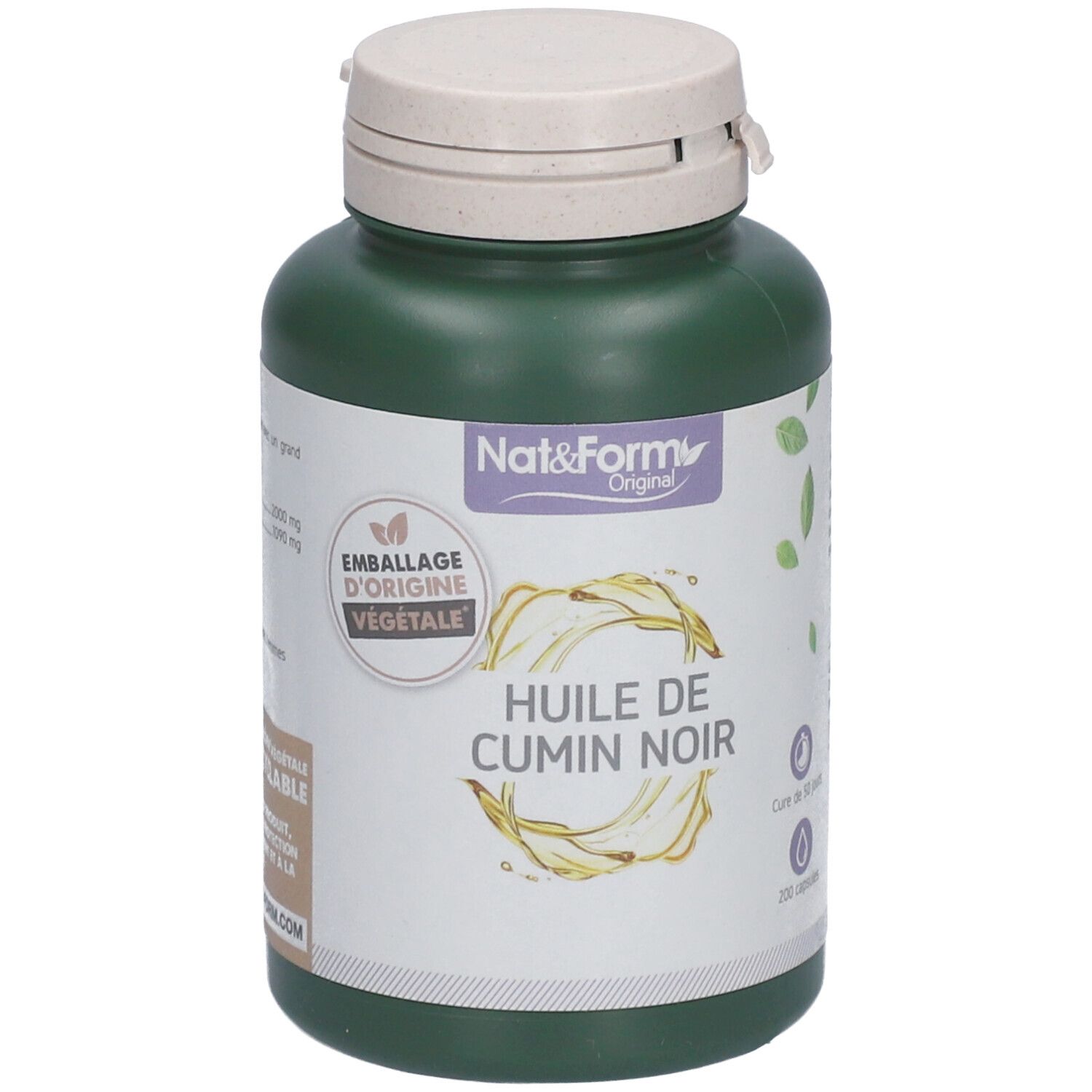 Flacon vert avec bouchon blanc. Inscription: Huile de Cumin Noir. Marque: Nat&Form. 200 capsules. Emballage d'origine végétale.