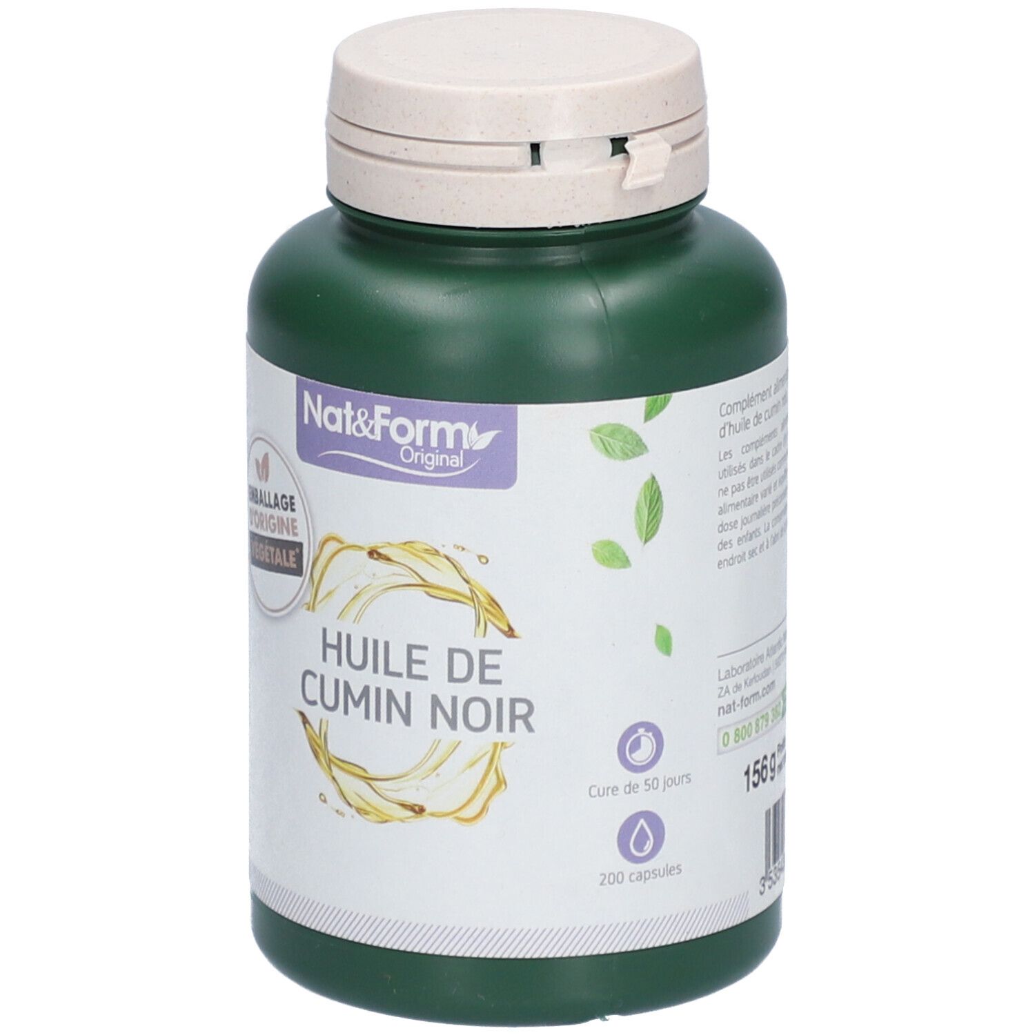 Flacon vert avec bouchon blanc. Inscription: Huile de Cumin Noir. Marque: Nat&Form. 200 capsules. Durée 60 jours. Emballage d'origine végétale.