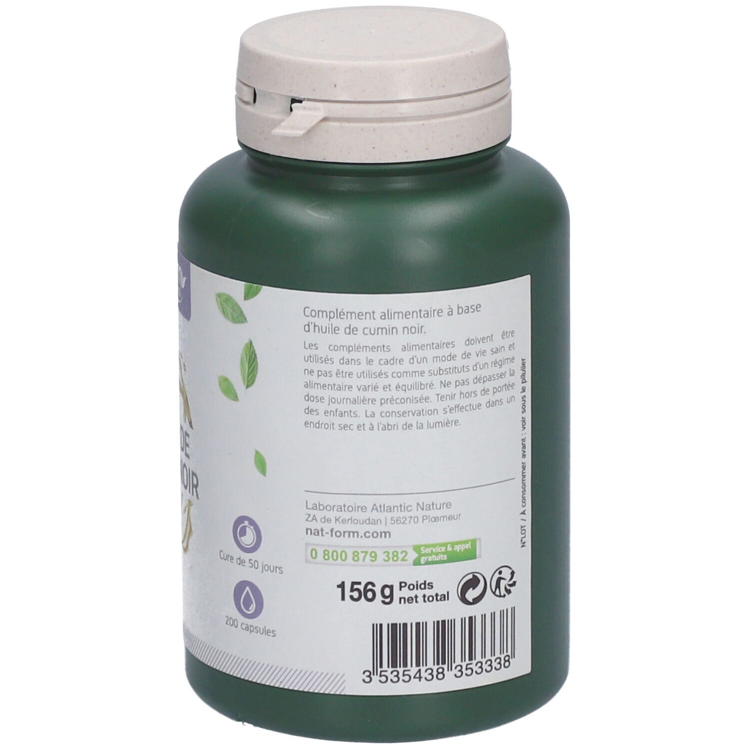 Dos du flacon vert. Inscription: Huile de Cumin Noir. Marque: Nat&Form. 200 capsules. 156g. Durée 60 jours. Emballage d'origine végétale.