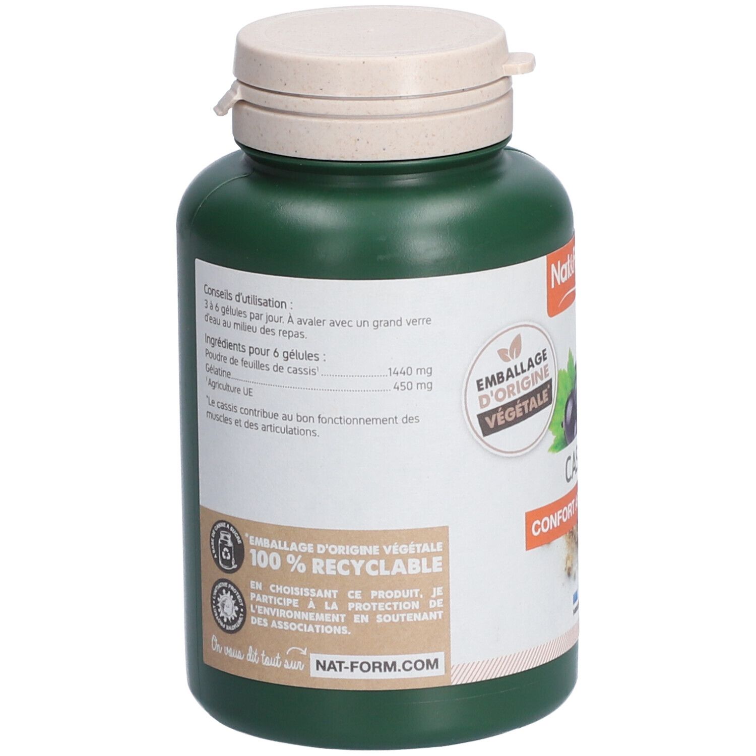 Dos d'un flacon vert avec couvercle beige. Étiquette avec informations sur les ingrédients et le mode d'emploi. Marque Nat&Form. 100% recyclable.