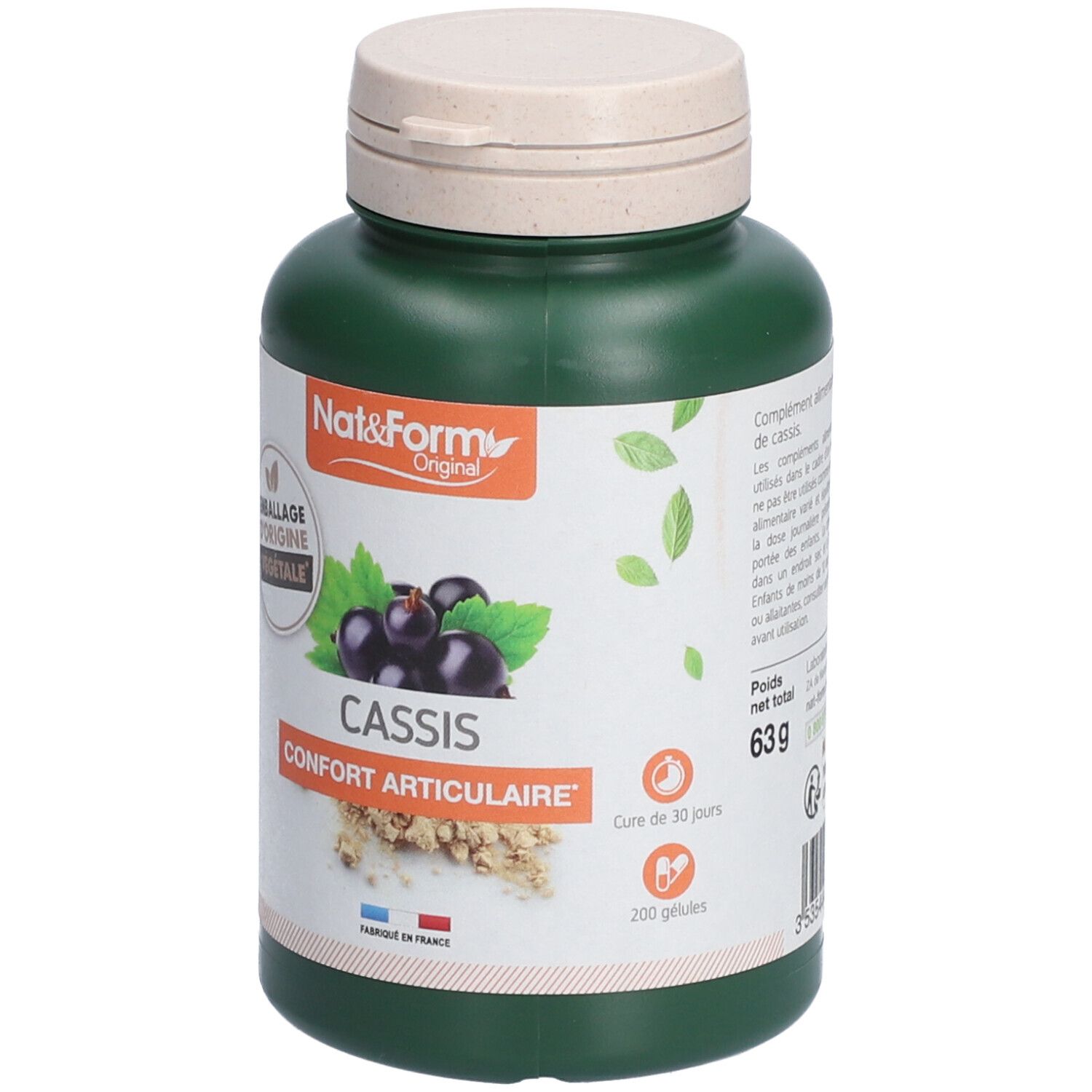 Flacon vert avec couvercle beige. Étiquette avec nom CASSIS, illustration de cassis. Marque Nat&Form. 200 gélules. 63g.