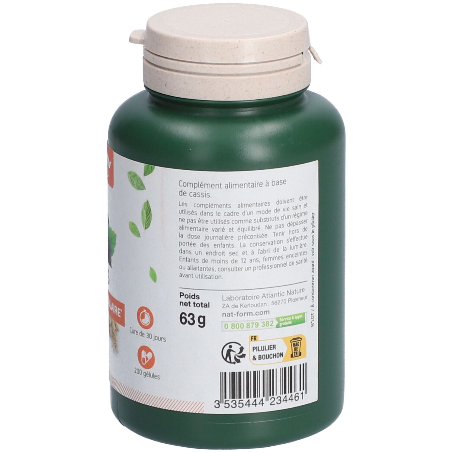 Dos d'un flacon vert avec couvercle beige. Étiquette avec informations. Marque Nat&Form. 200 gélules. 63g. Pillier & Bouchon.