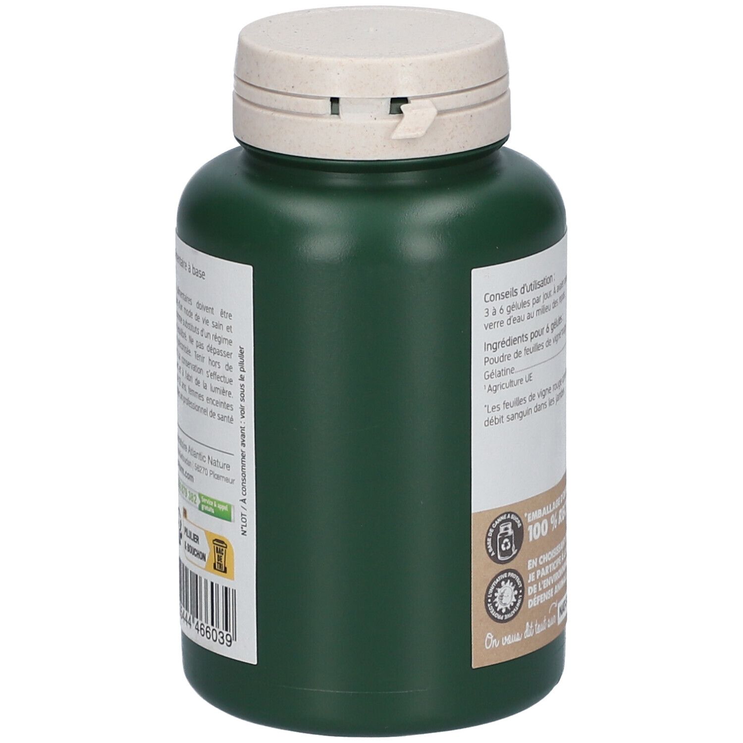 Grüne Flasche mit Kapseln. Etikett mit Text und Logos. Beige Deckel. 100% recycelbar.