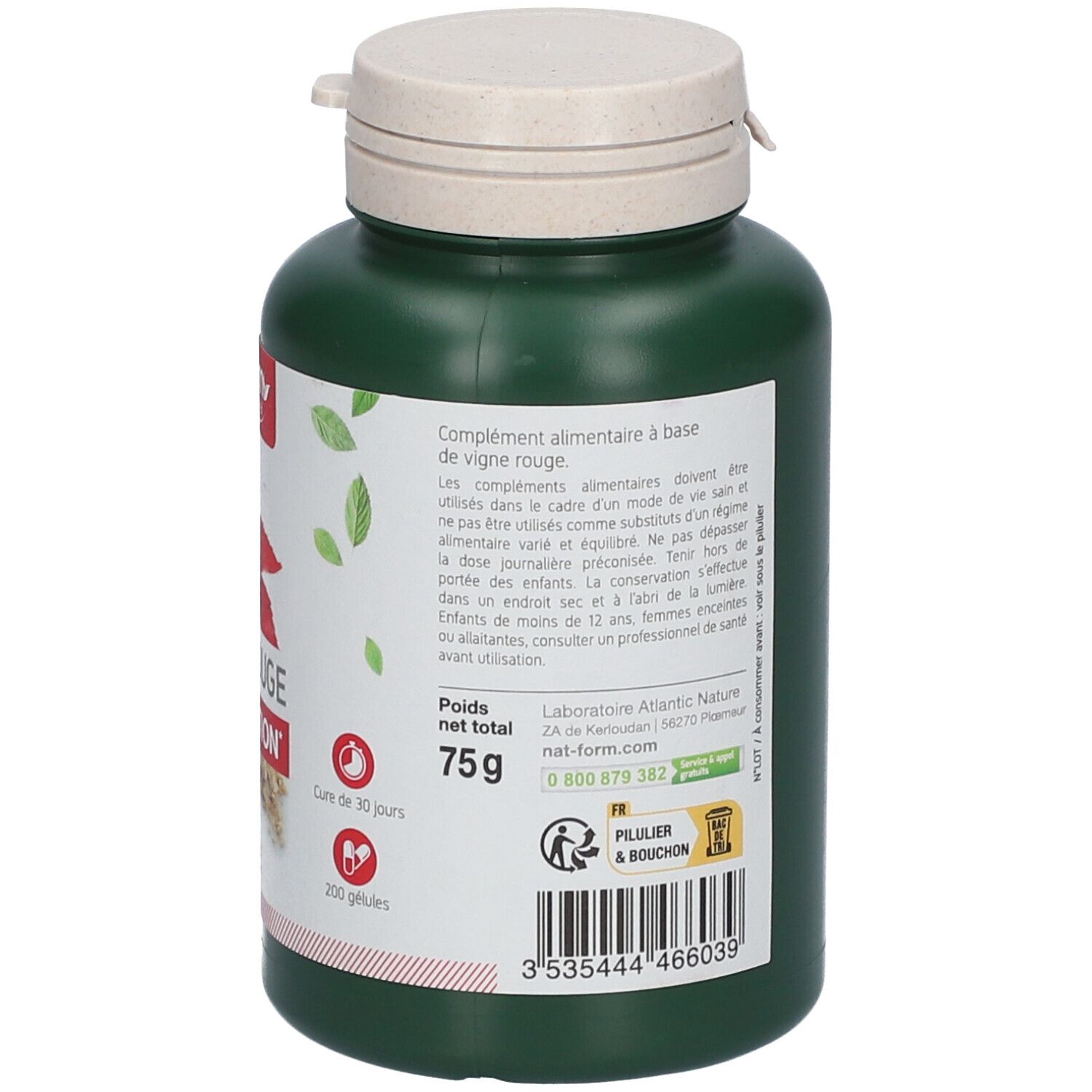 Rückseite der grünen Flasche mit Kapseln. Etikett mit Text und Logos. Beige Deckel. 75g, 200 Kapseln.