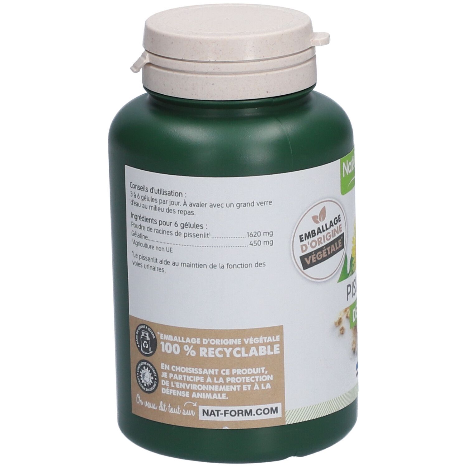 Dos du flacon vert. Contient des informations sur les ingrédients et l'utilisation. 100% recyclable. Nat-form.com.