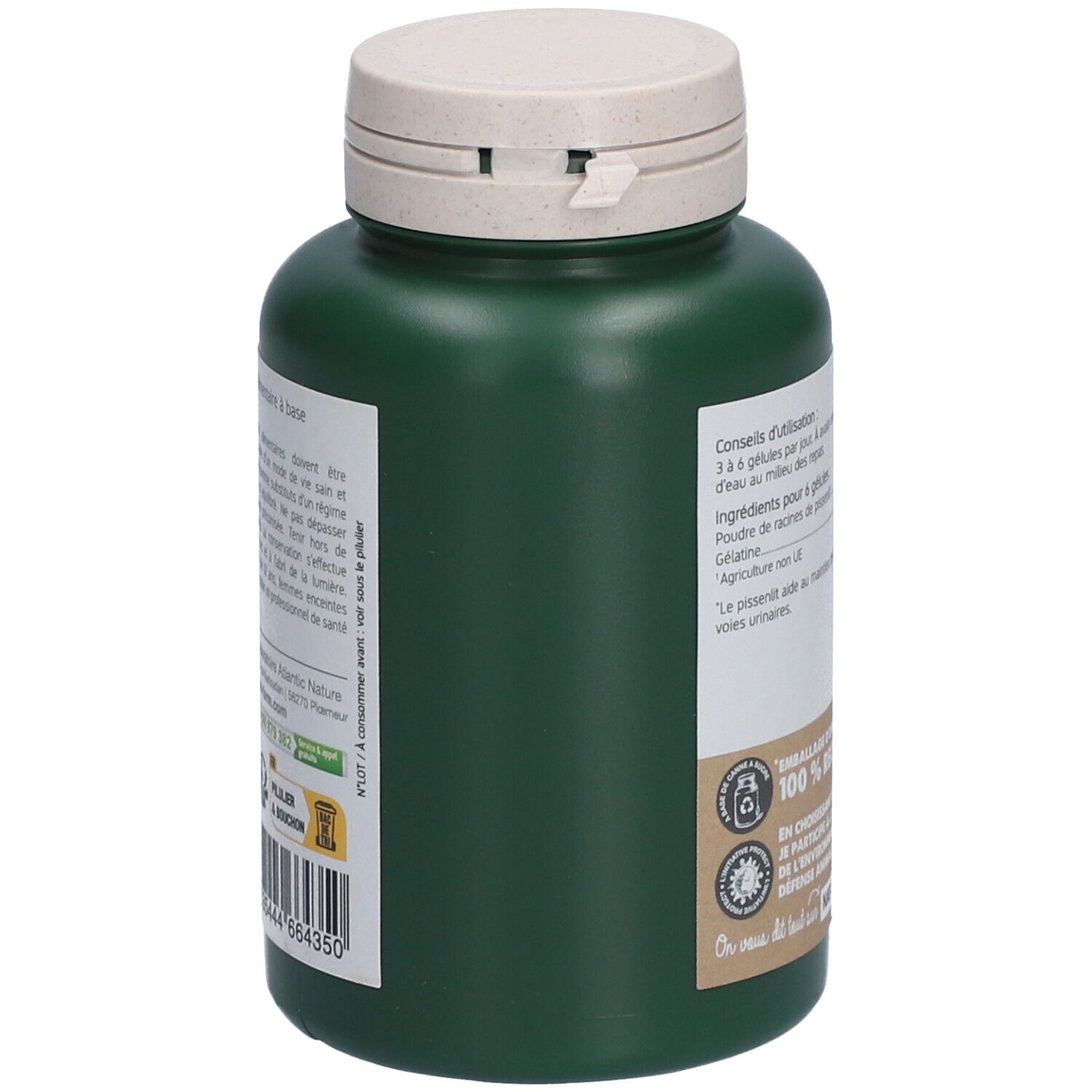 Dos du flacon vert. Informations sur les ingrédients et l'utilisation. 100% recyclable. Nat-form.com.