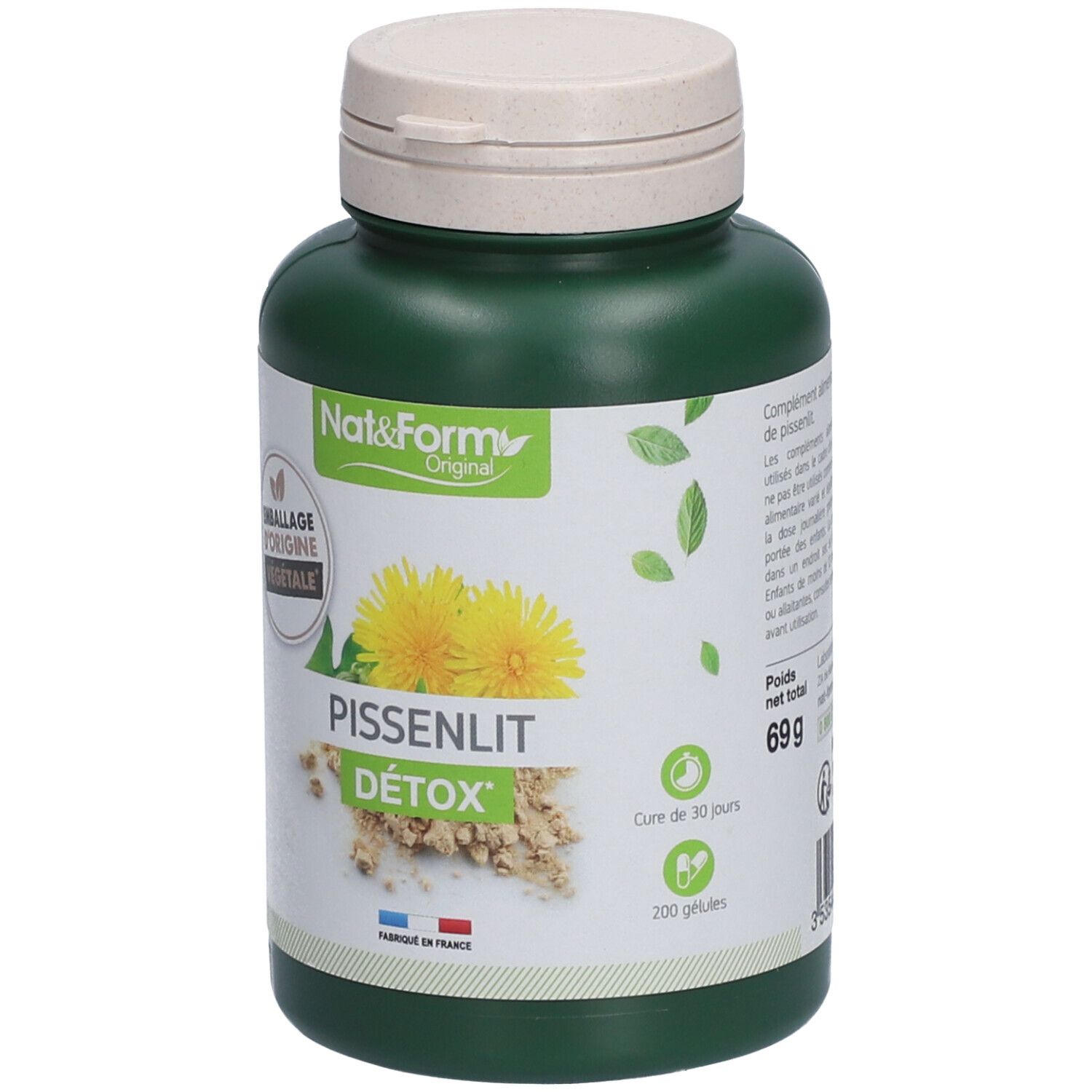 Flacon vert avec couvercle blanc. Inscription: Pissenlit Détox, Nat&Form. Contient 200 gélules. Poids net 69g.