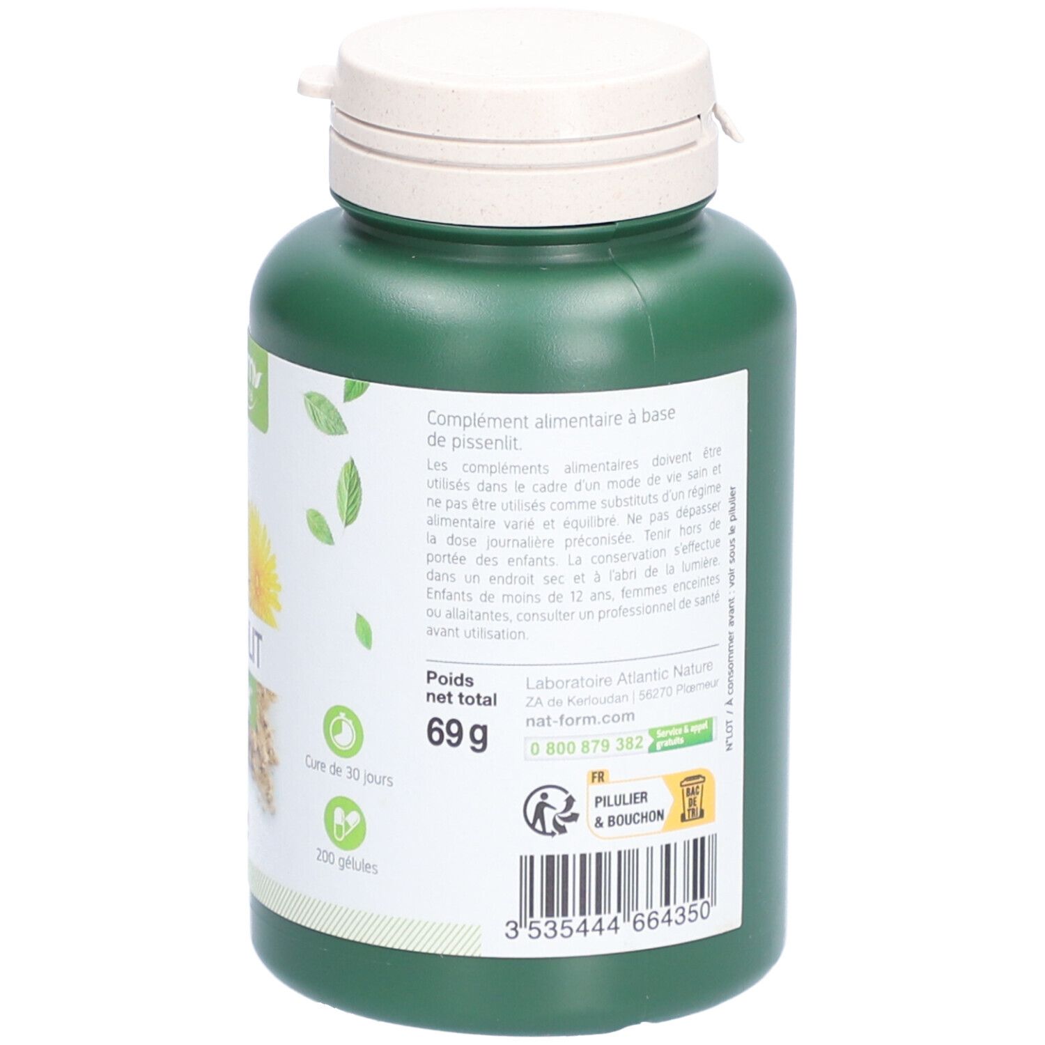 Dos du flacon vert. Informations sur les ingrédients et le fabricant. Poids net 69g. 200 gélules.