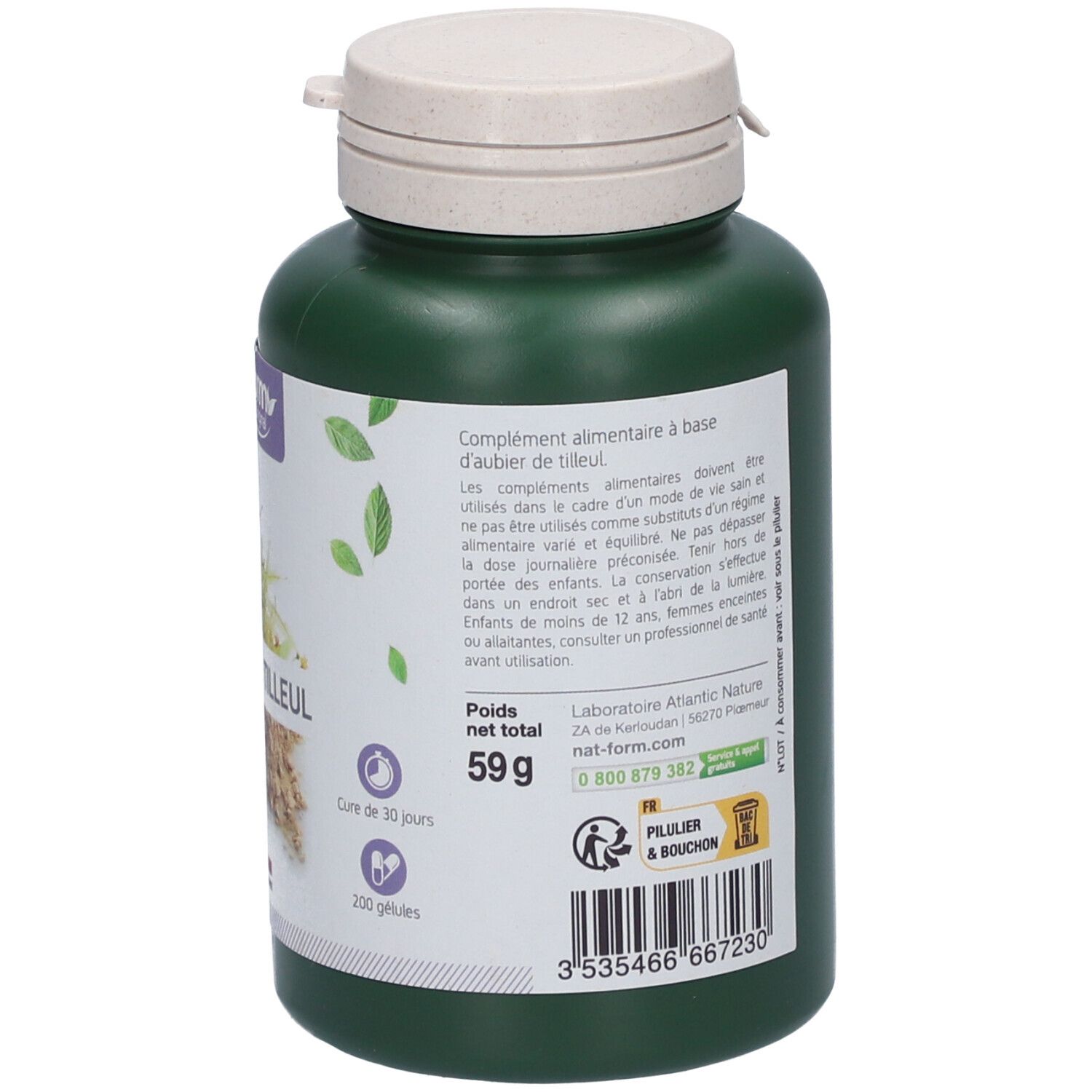 Dos du flacon vert. Informations ingrédients et utilisation. 200 gélules, 59g. Laboratoire Atlantic Nature.