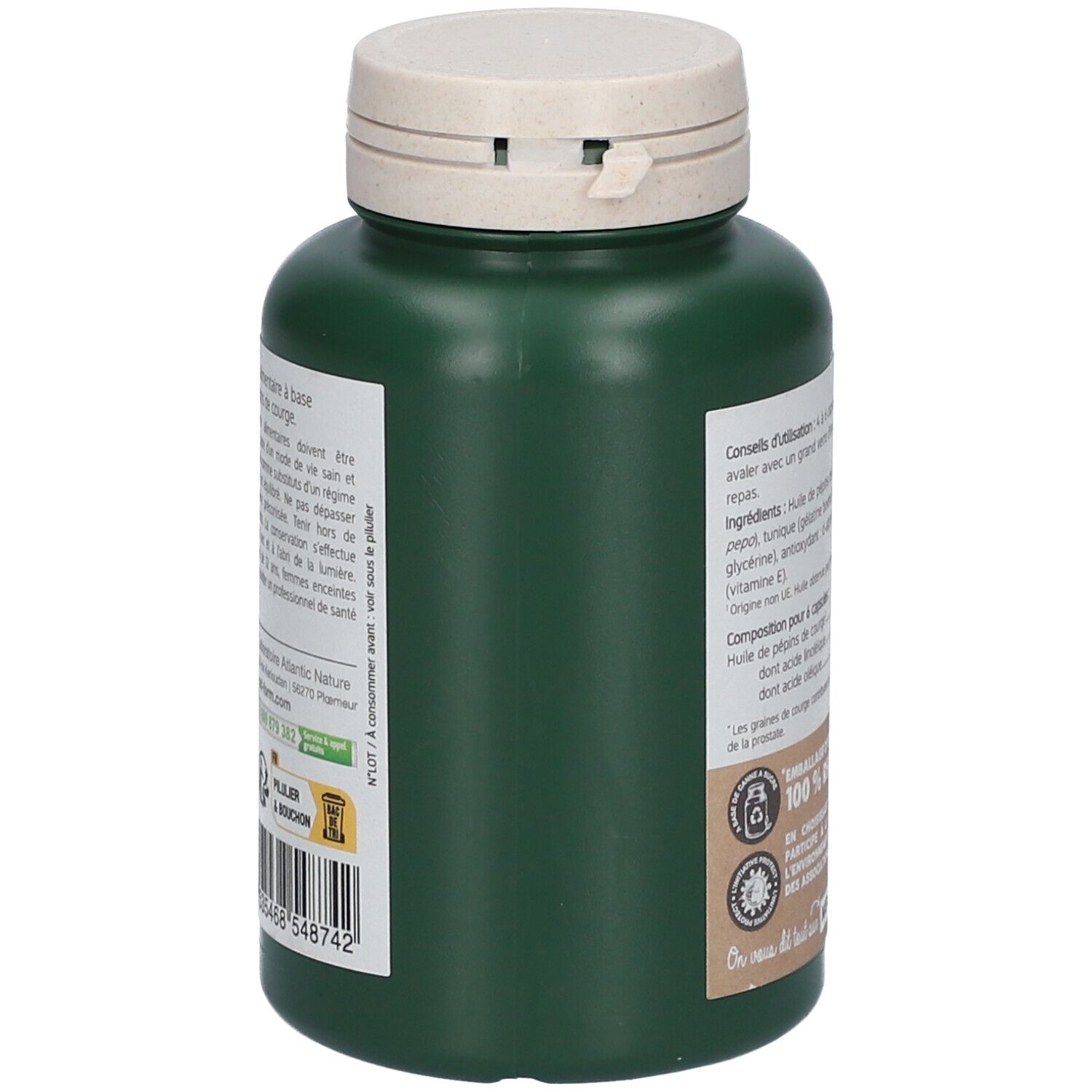 Flacon vert, vue latérale. Texte: Ingrédients, conseils d'utilisation. Logo: 100% Recyclable.