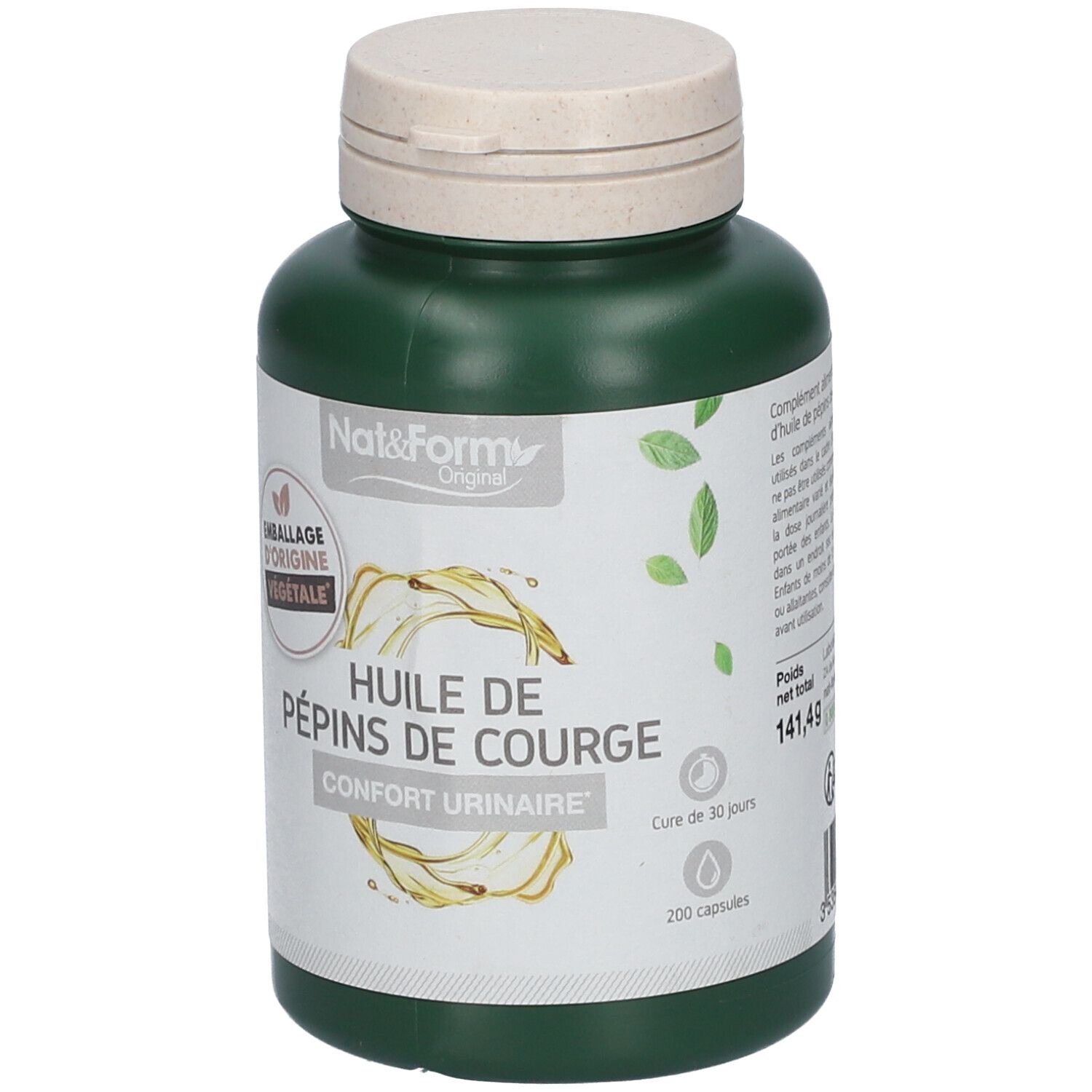 Flacon vert avec bouchon blanc. Inscription: Huile de pépins de courge, Confort urinaire. 200 capsules. Logo: Emballage d'origine végétale.