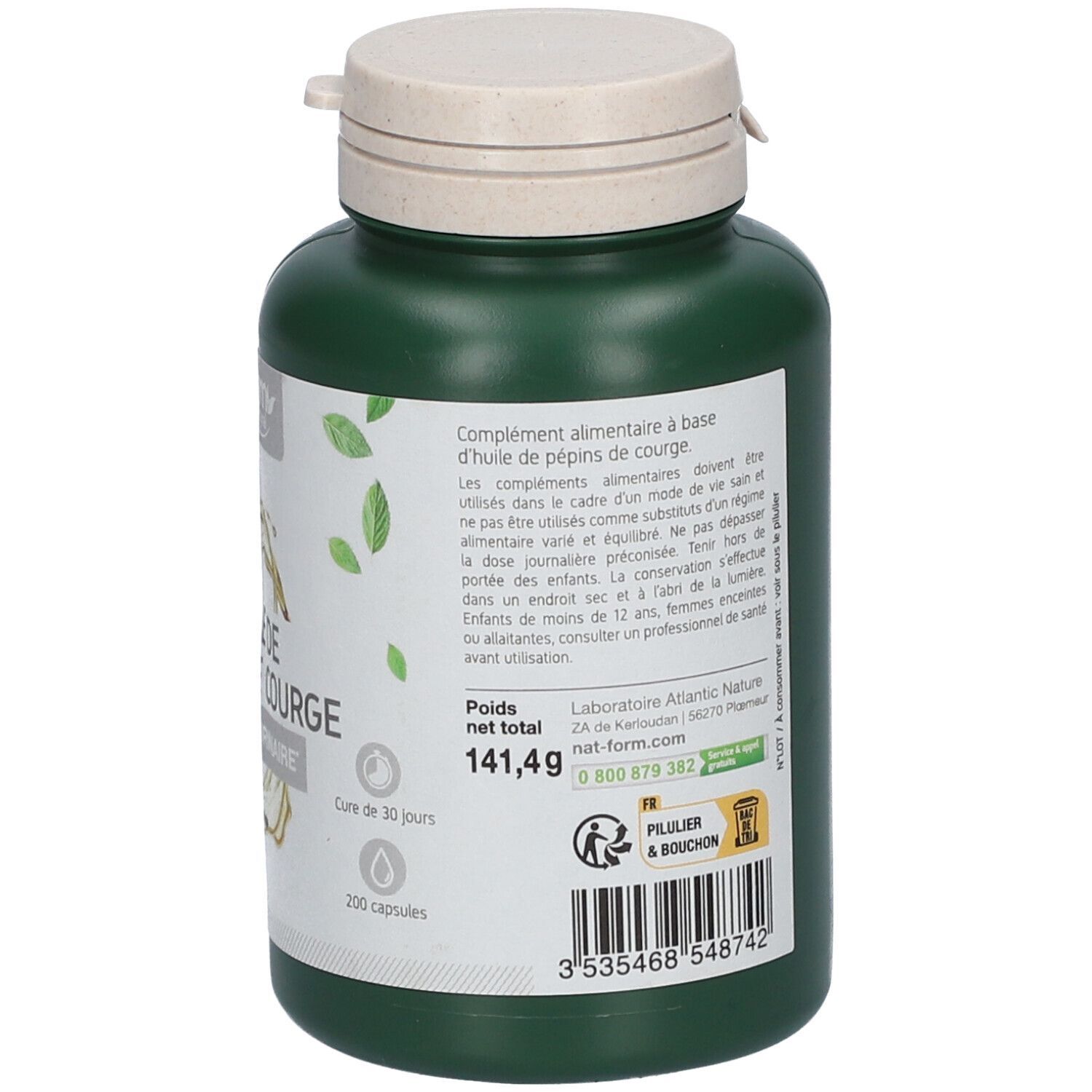 Dos du flacon vert. Texte: Complément alimentaire. 200 capsules. Logo: Emballage d'origine végétale.