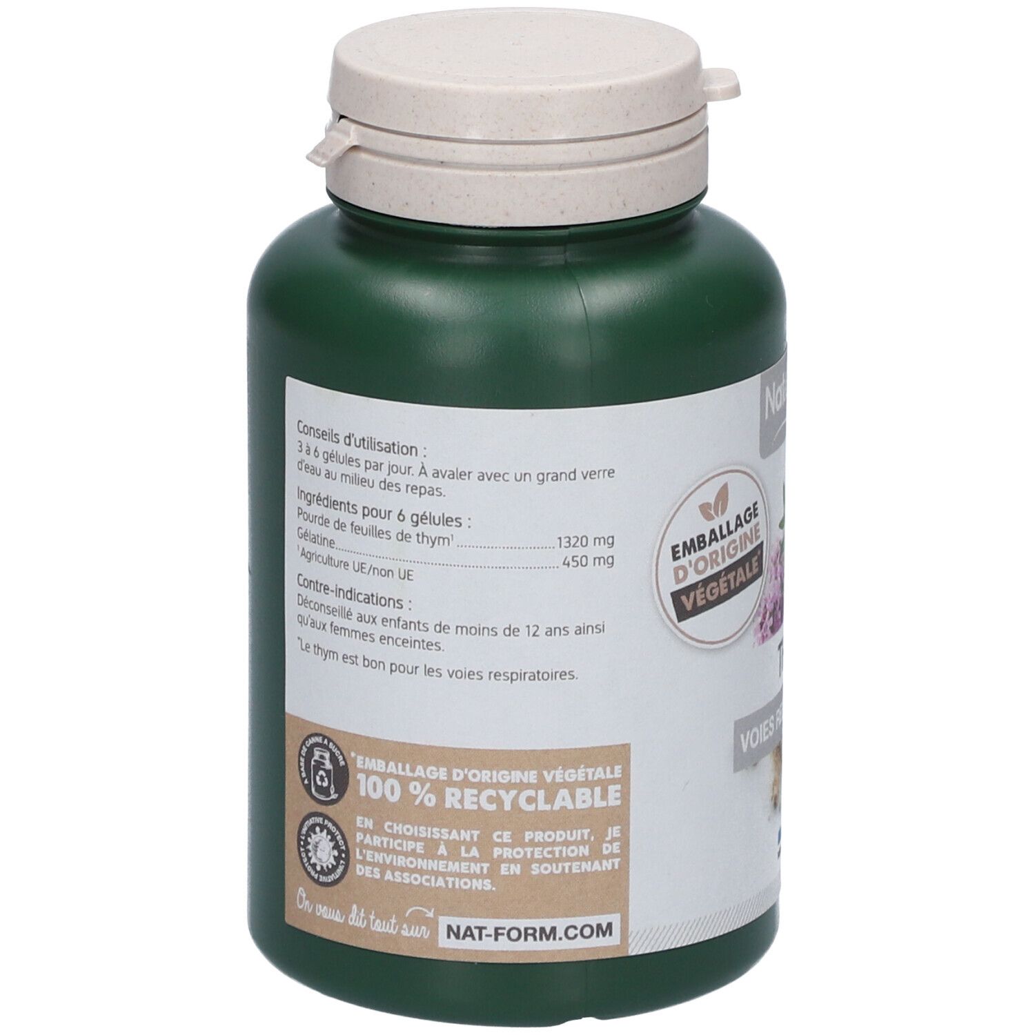 Rückseite einer grünen Flasche mit weißem Deckel. Etikett mit Text, Inhaltsstoffen und Informationen. "Emballage d'origine végétale".