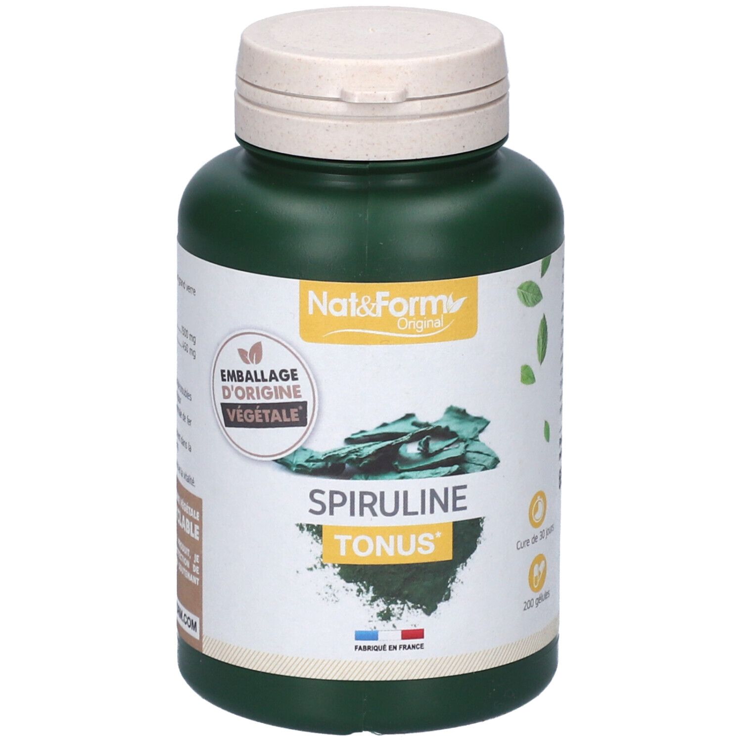 Flacon vert avec bouchon blanc. Inscription: Nat&Form SPIRULINE TONUS. Drapeau français. 200 gélules.