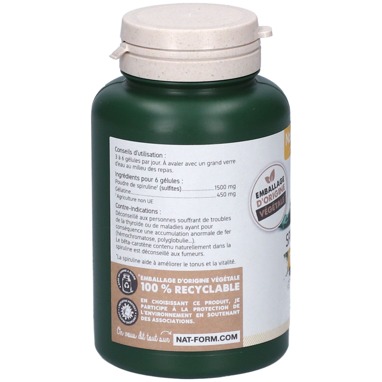 Dos du flacon vert avec bouchon blanc. Texte: conseils d'utilisation, ingrédients, contre-indications. 100% recyclable.