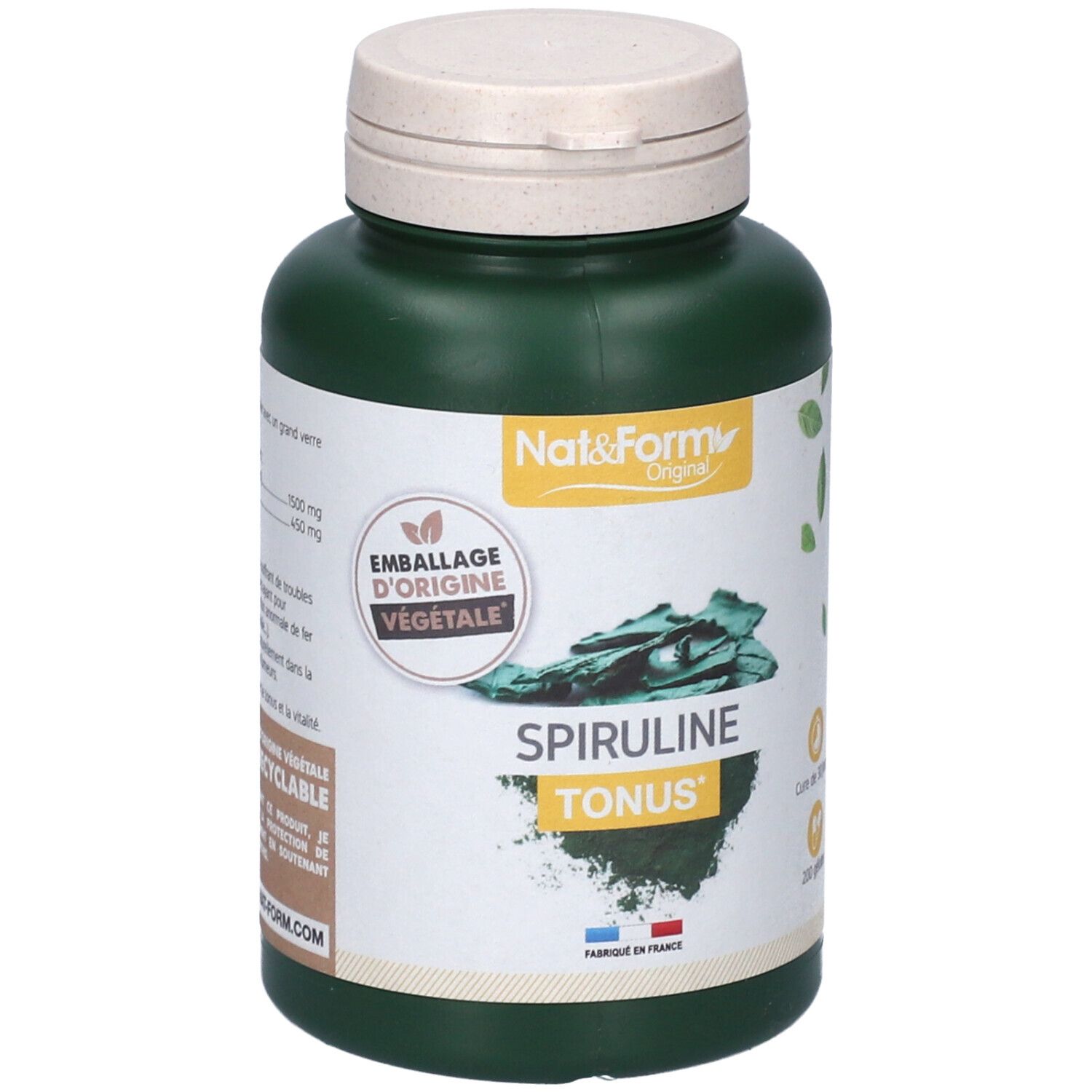Flacon vert avec bouchon blanc. Inscription: Nat&Form SPIRULINE TONUS. Sceau: Emballage d'origine végétale.