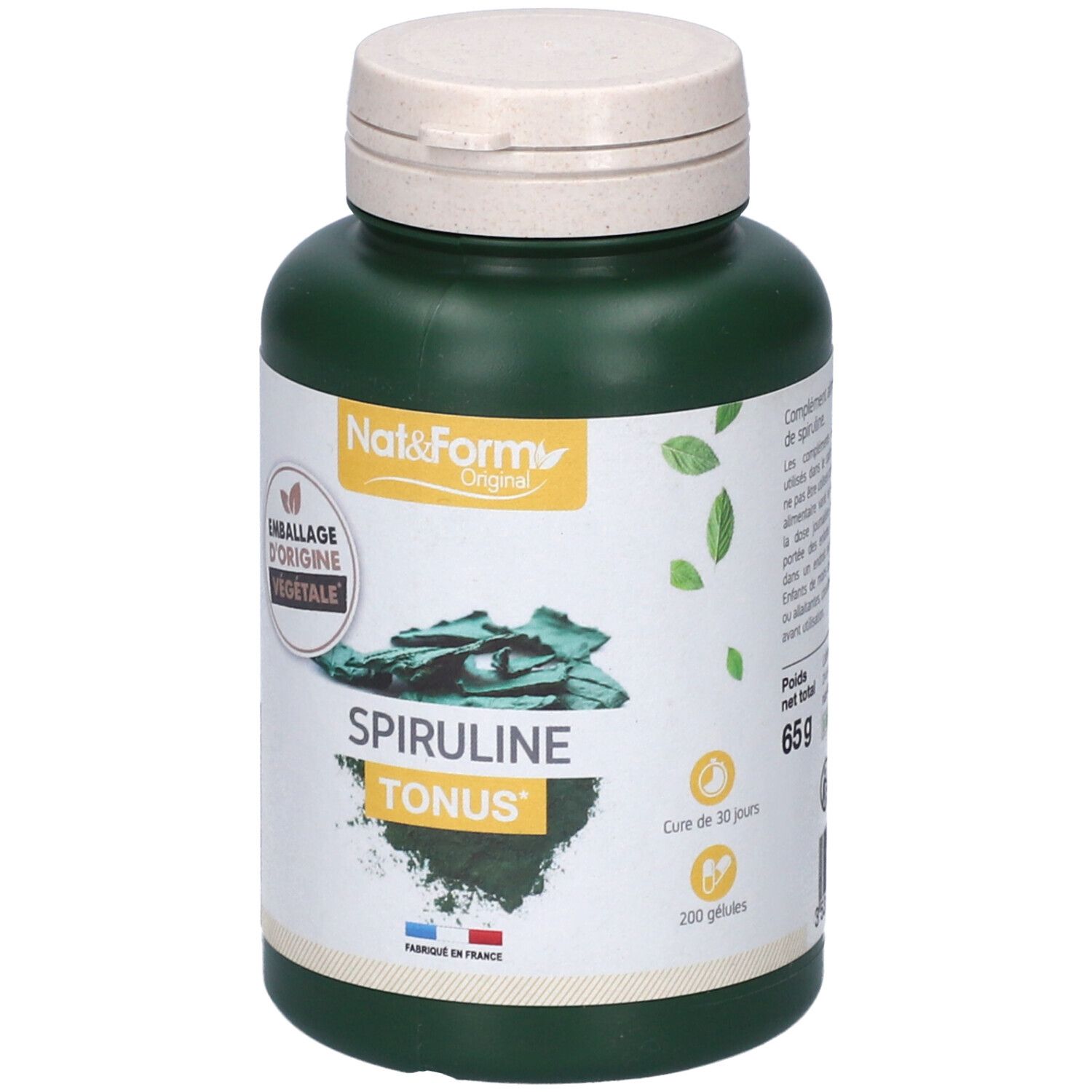 Flacon vert avec bouchon blanc. Inscription: Nat&Form SPIRULINE TONUS. 200 gélules. Cure de 30 jours.