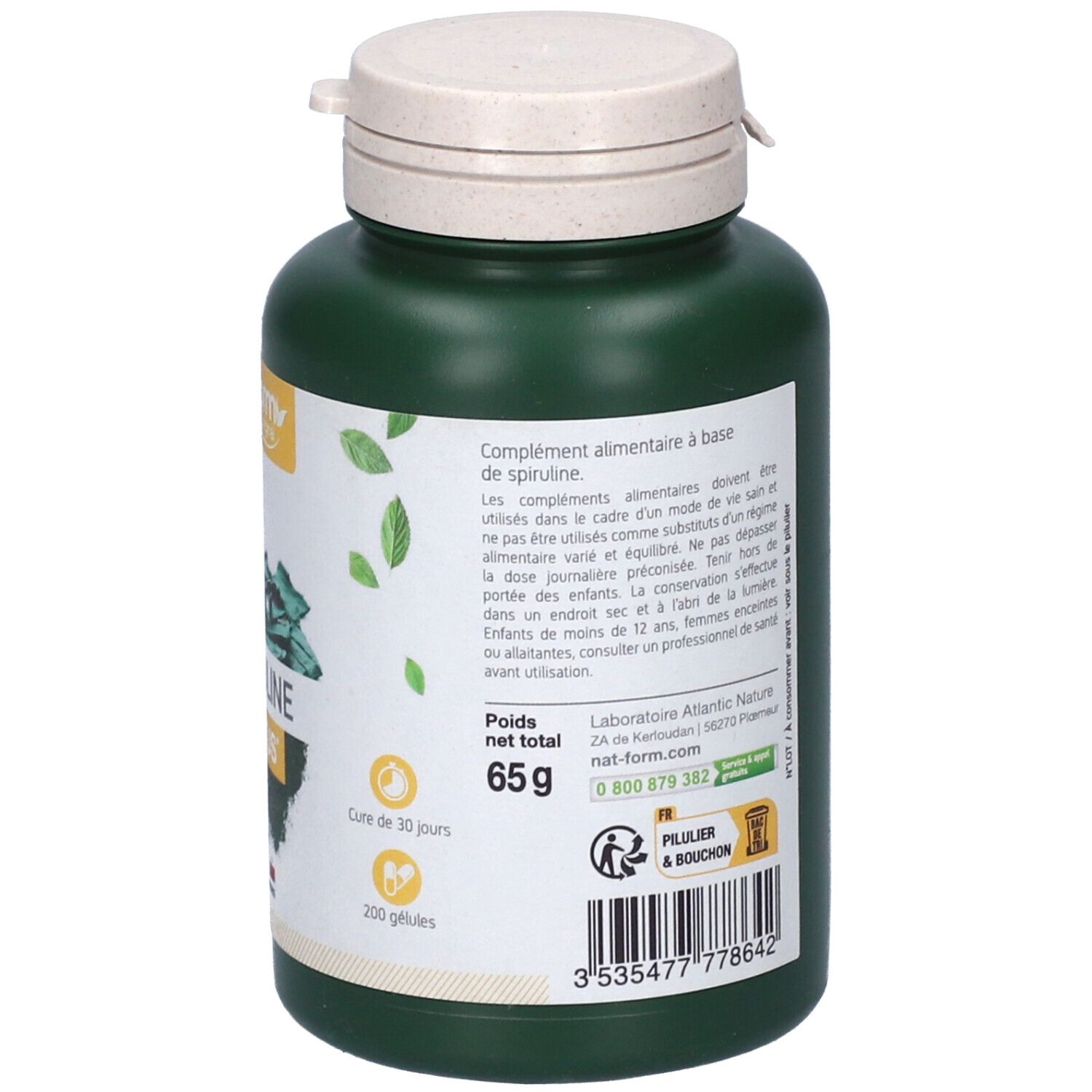 Dos du flacon vert avec bouchon blanc. Texte: Complément alimentaire. 200 gélules. Poids net total 65g.