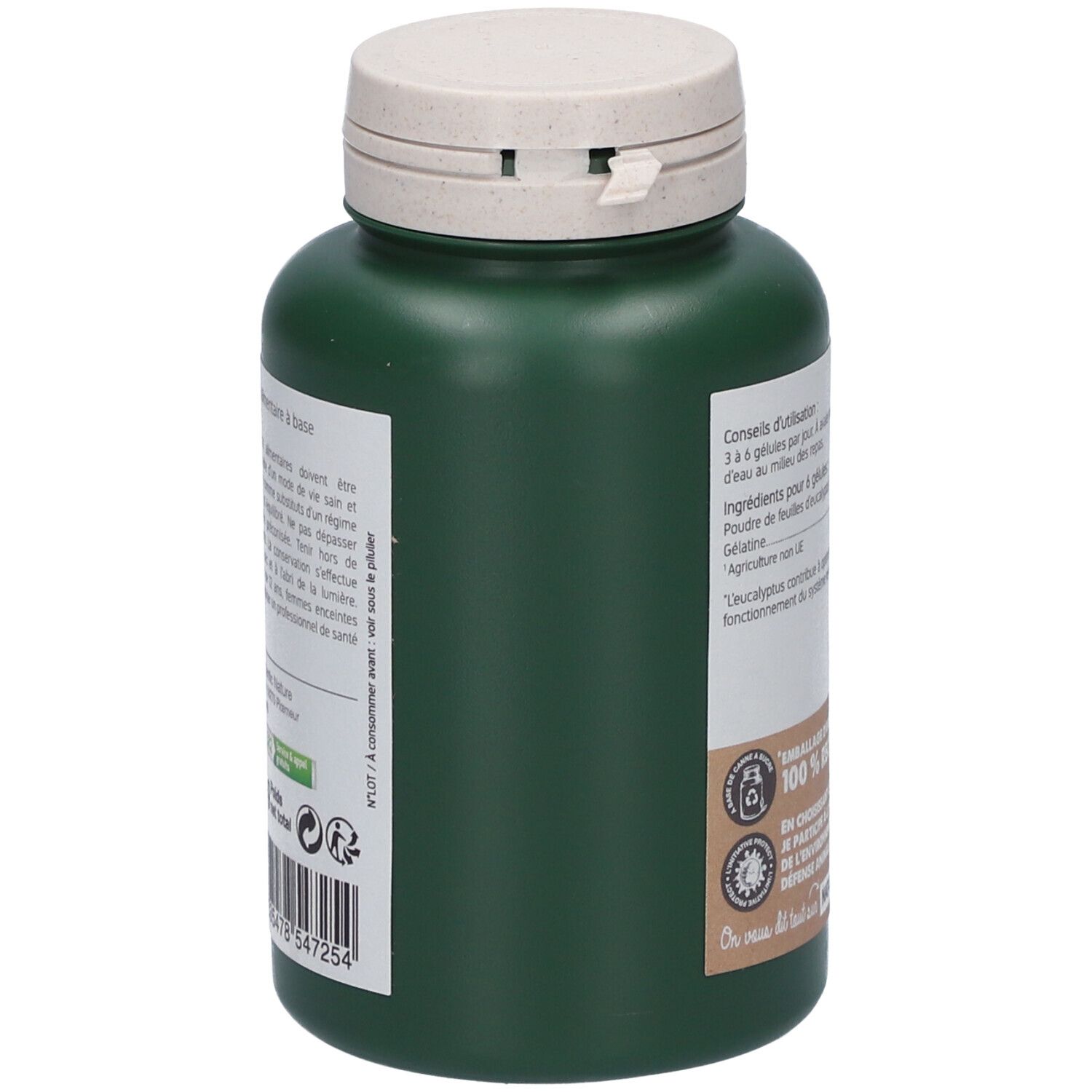 Vue latérale d'un flacon vert avec bouchon blanc. Texte: Ingrédients, conseils d'utilisation, numéro de lot et code-barres. 100% recyclable.