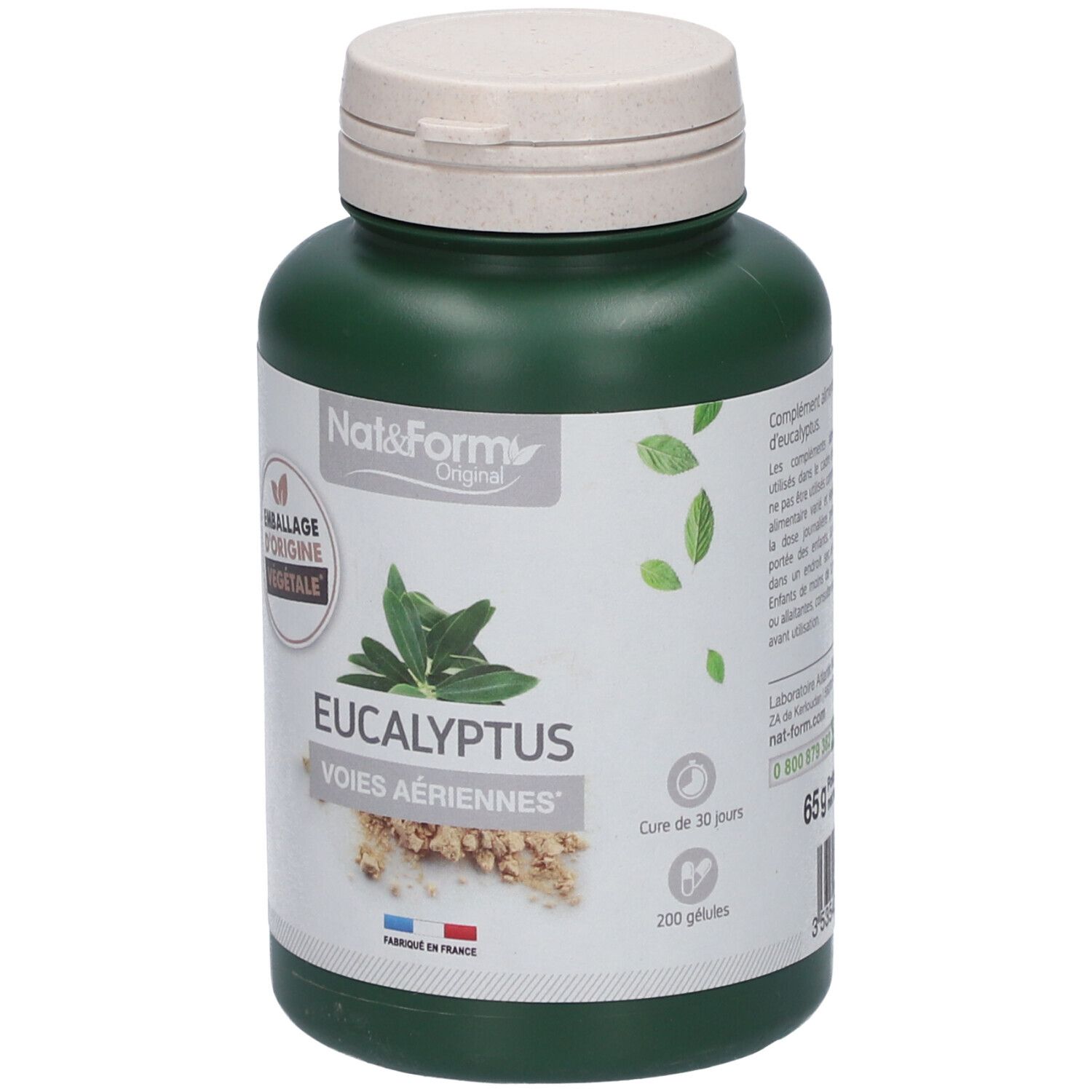 Flacon vert avec bouchon blanc. Inscription: EUCALYPTUS, VOIES AÉRIENNES. 200 gélules. Emballage d'origine végétale. Cure de 30 jours.