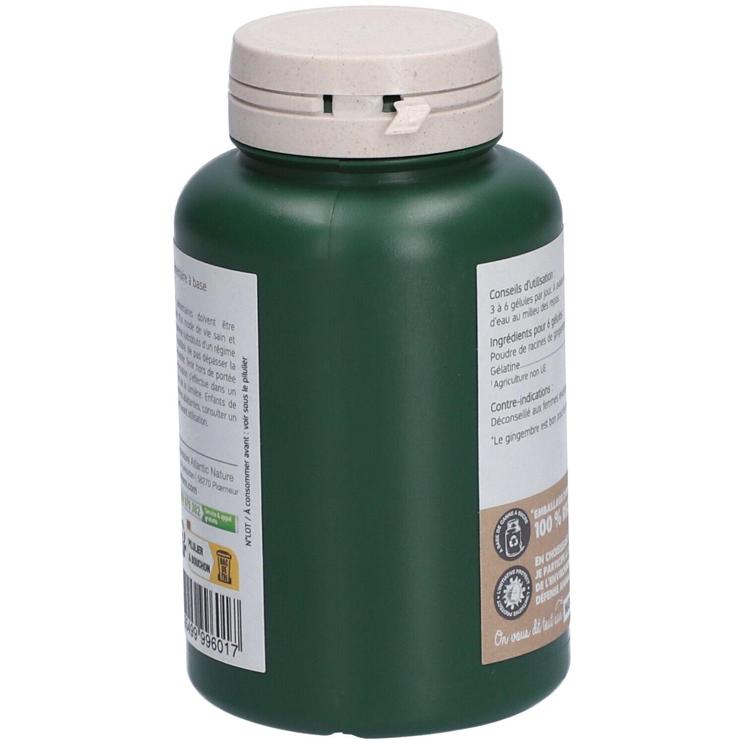 Flacon vert avec bouchon blanc. Inscription: Conseils d'utilisation, ingrédients. Emballage végétal. 100% recyclable.