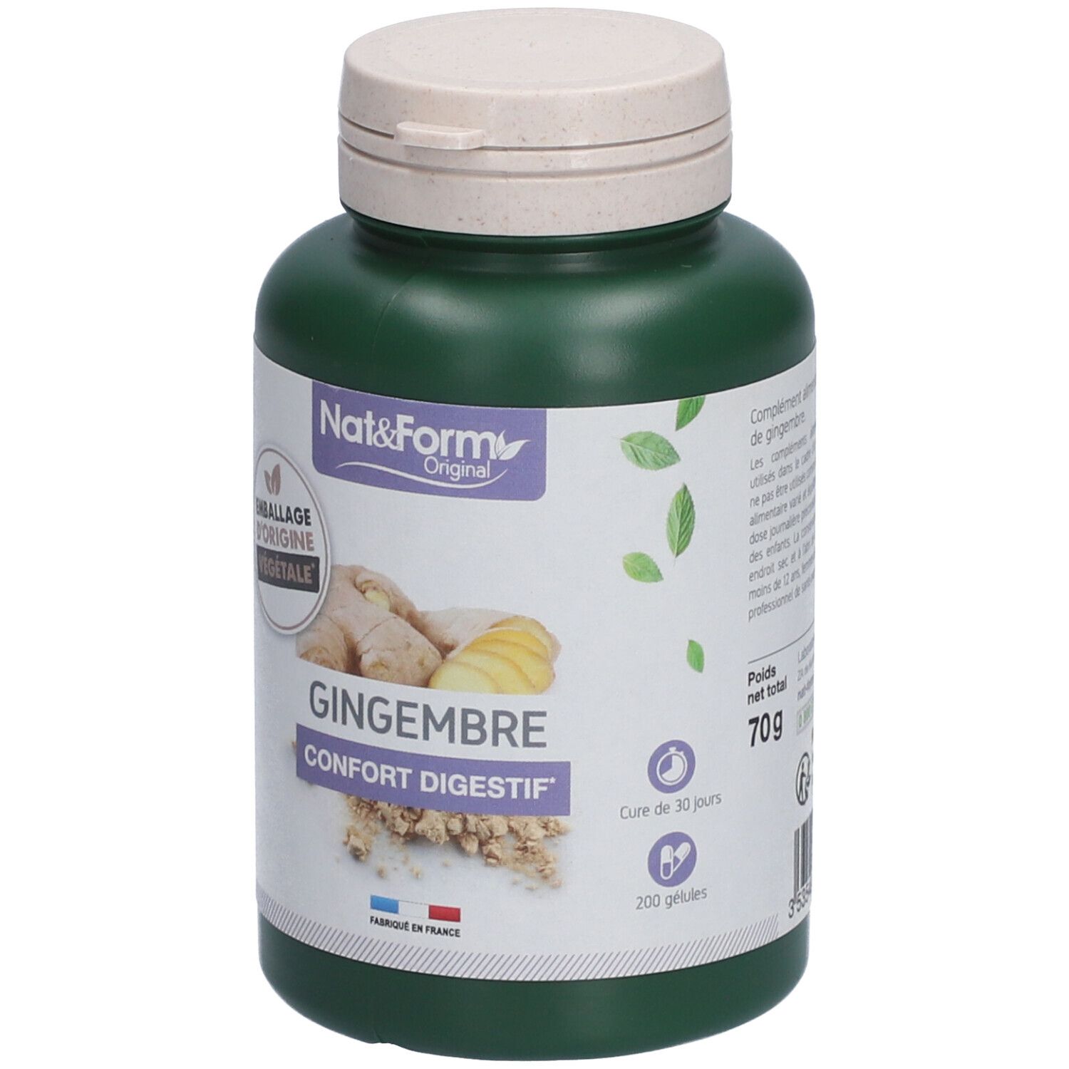 Flacon vert avec bouchon blanc. Inscription: Nat&Form Original, Gingembre, Confort digestif. 200 gélules. 70g. Cure de 30 jours.