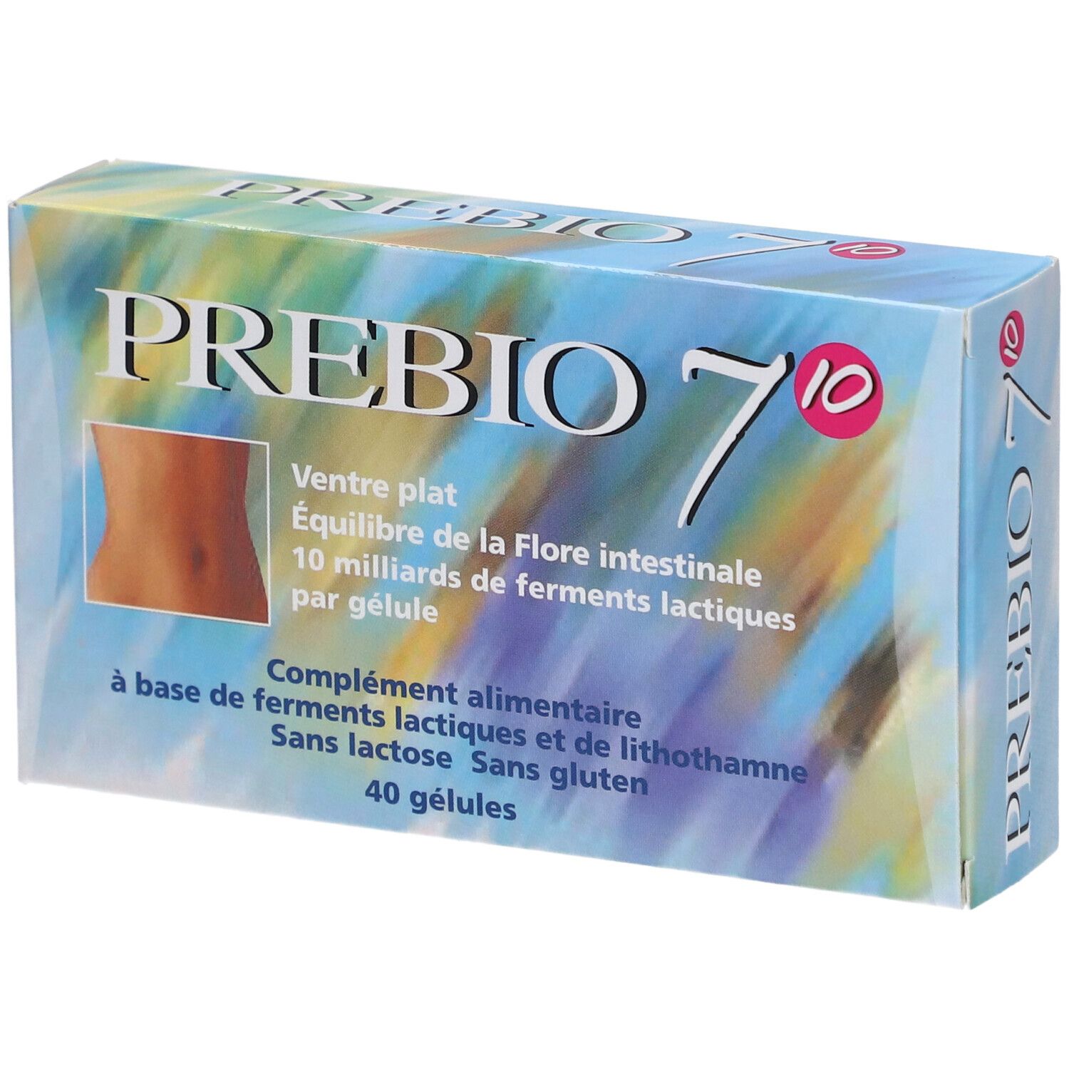 Boîte PREBIO 7. Contient 40 gélules. Texte: Ventre plat, Équilibre de la Flore intestinale, 10 milliards de ferments lactiques par gélule.