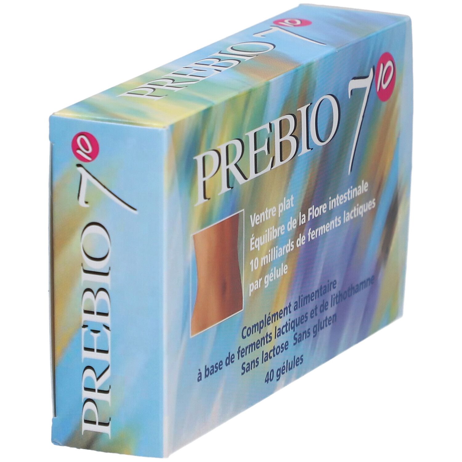 Boîte PREBIO 7 en biais. Texte: Ventre plat, Équilibre de la Flore intestinale, 10 milliards de ferments lactiques par gélule. 40 gélules.