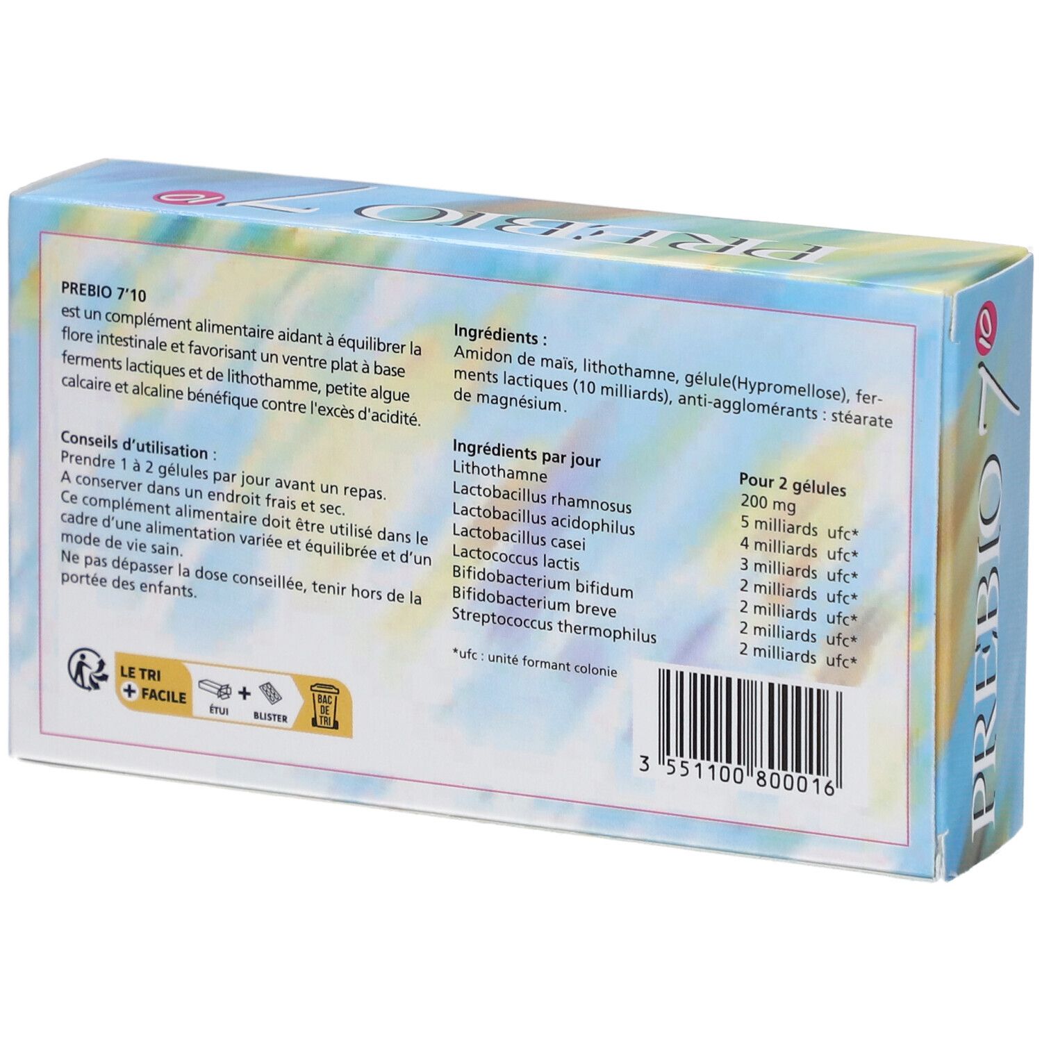 Dos de la boîte PREBIO 7. Contient des informations sur les ingrédients, l'utilisation et les informations nutritionnelles. 40 gélules.