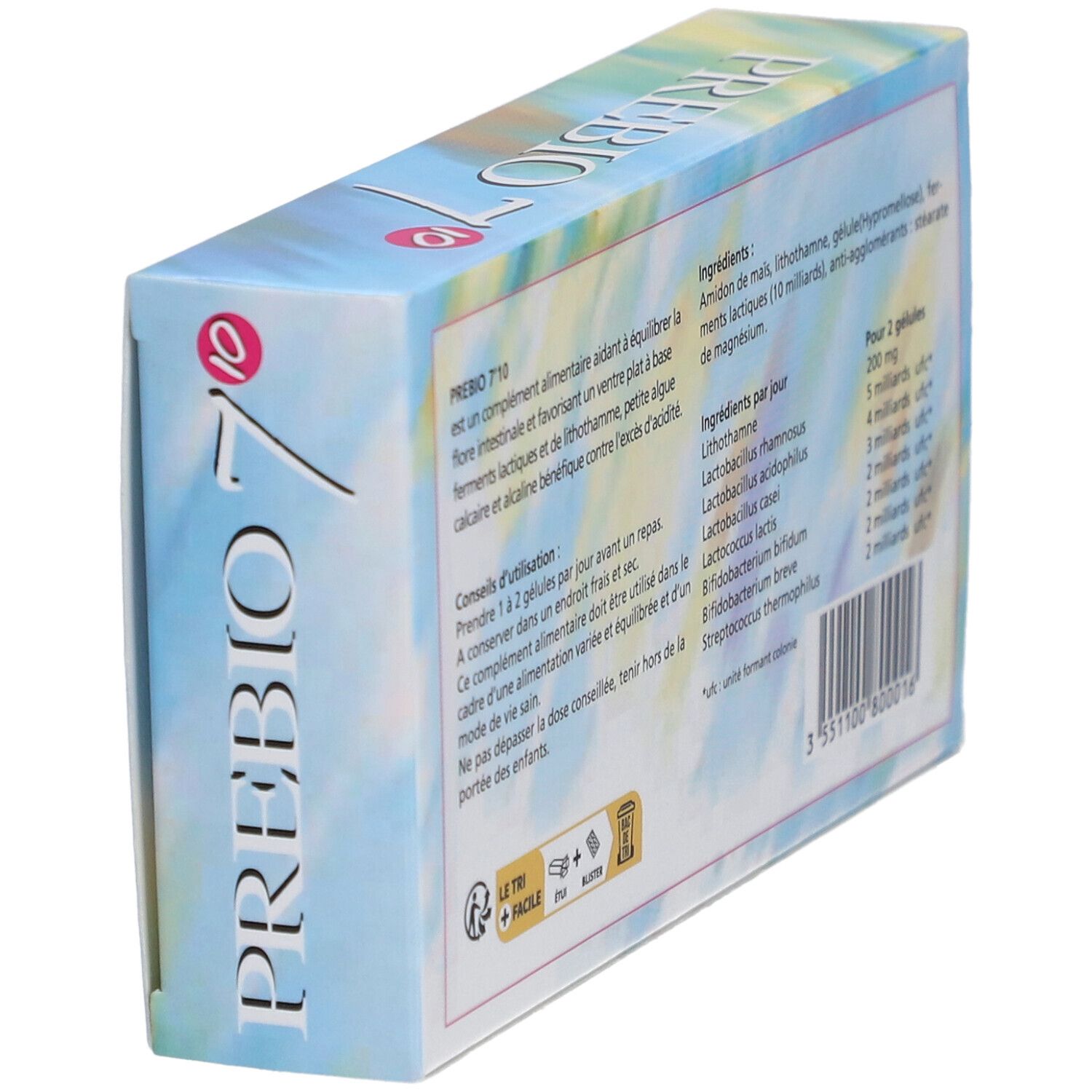 Dos de la boîte PREBIO 7 en biais. Contient des informations sur les ingrédients, l'utilisation et les informations nutritionnelles. 40 gélules.