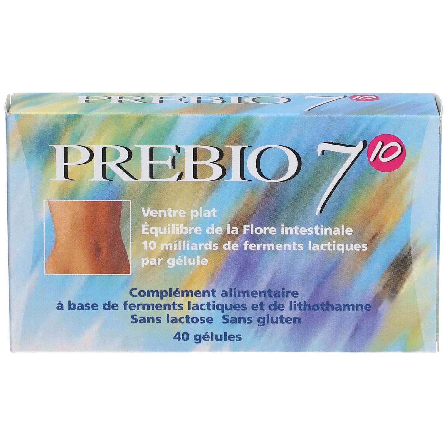 Boîte PREBIO 7. Texte: Ventre plat, Équilibre de la Flore intestinale, 10 milliards de ferments lactiques par gélule. 40 gélules.
