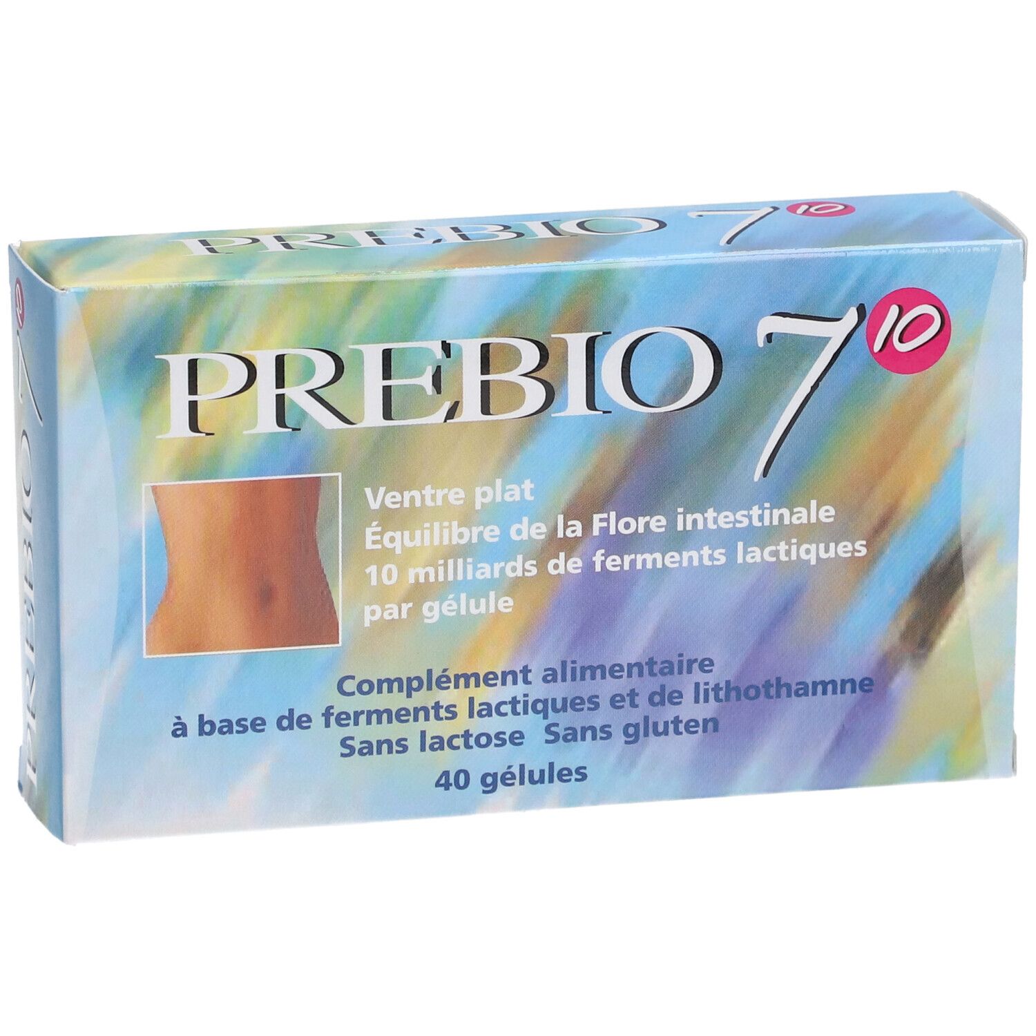 Boîte PREBIO 7. Texte: Ventre plat, Équilibre de la Flore intestinale, 10 milliards de ferments lactiques par gélule. 40 gélules.