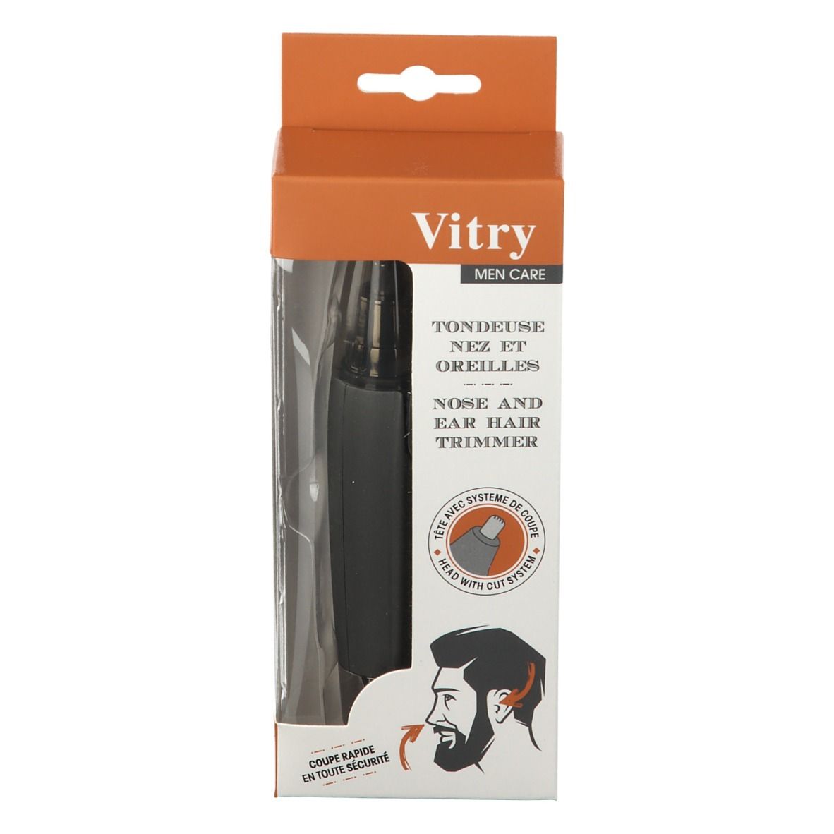 Boîte de tondeuse nez et oreilles. Appareil noir dans boîte orange avec fenêtre. Marque Vitry.