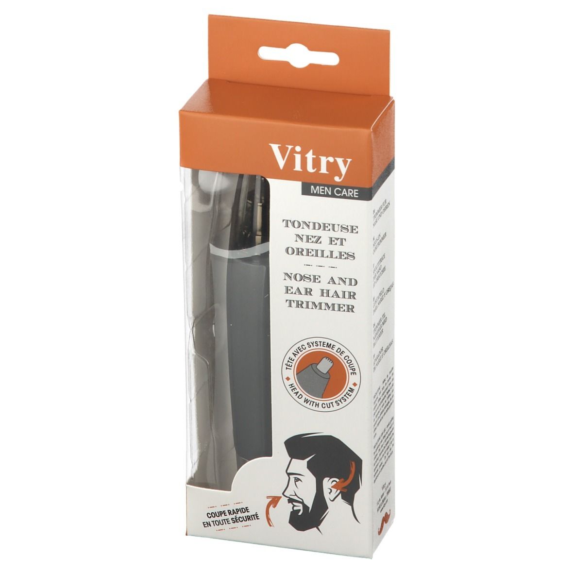 Boîte de tondeuse nez et oreilles. Appareil noir dans boîte orange avec fenêtre. Marque Vitry.