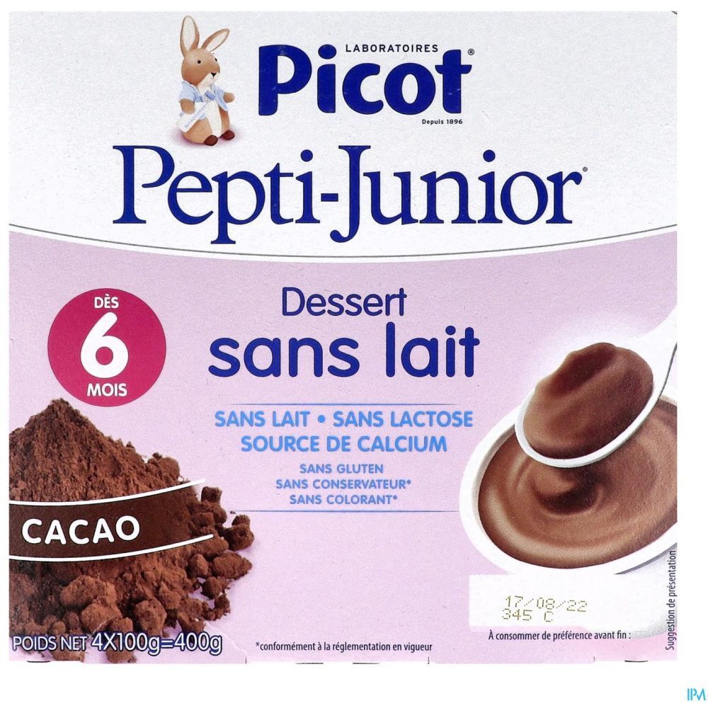 Boîte de Picot Pepti-Junior Dessert sans lait, cacao. Contient 4 pots. Inscription : Dès 6 mois.