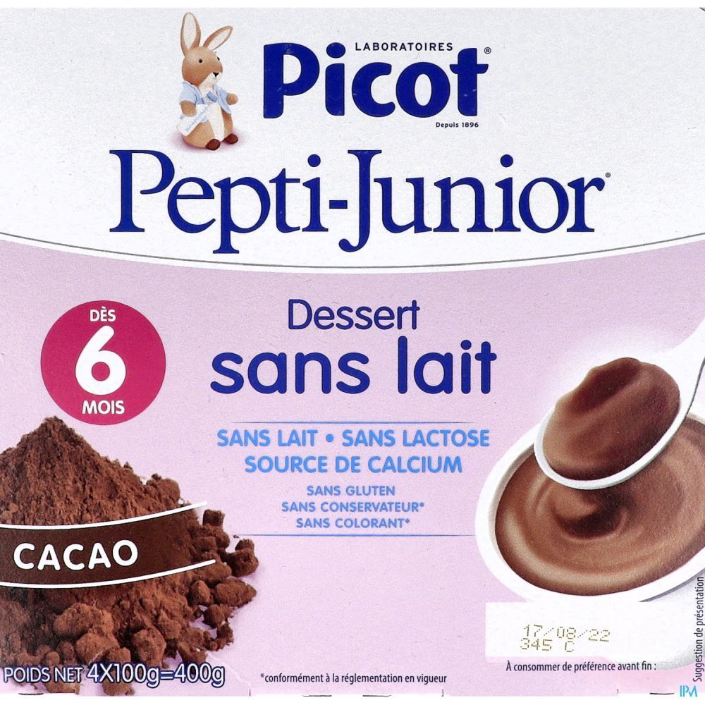 Boîte de Picot Pepti-Junior Dessert sans lait, cacao. Contient 4 pots. Inscription : Dès 6 mois.