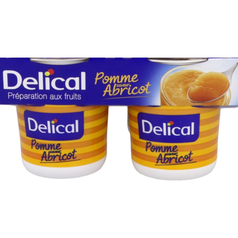 Deux pots de préparation aux fruits. Inscription Delical, Pomme Abricot. Emballage bleu avec image du produit.