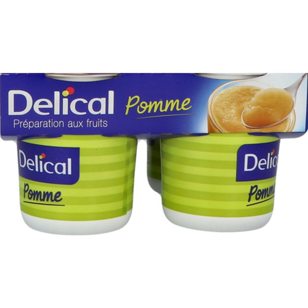 Pack de quatre pots Delical Pomme. Emballage bleu avec nom du produit et illustration de compote de pommes.