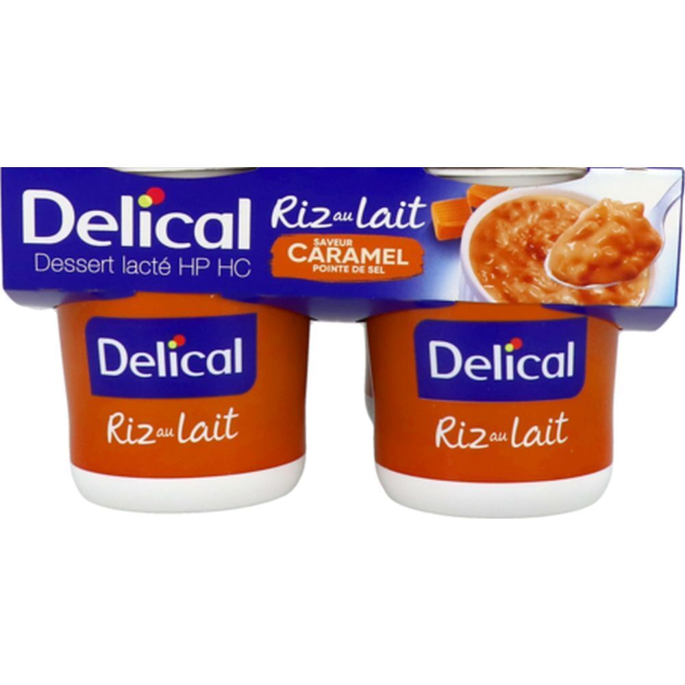 Deux pots de Delical Riz au Lait, saveur caramel, en emballage. Pots oranges avec couvercles blancs.