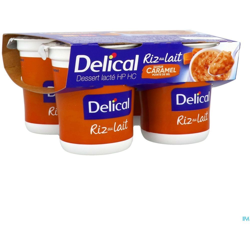 Emballage de quatre pots de Delical Riz au Lait, saveur caramel. Pots oranges avec couvercles blancs.