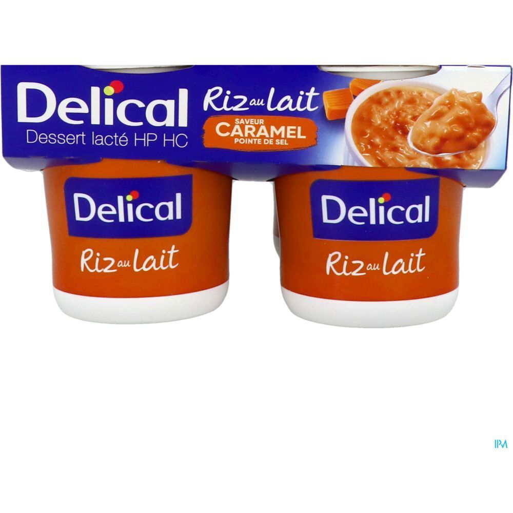 Deux pots de Delical Riz au Lait, saveur caramel, en emballage. Pots oranges avec couvercles blancs.