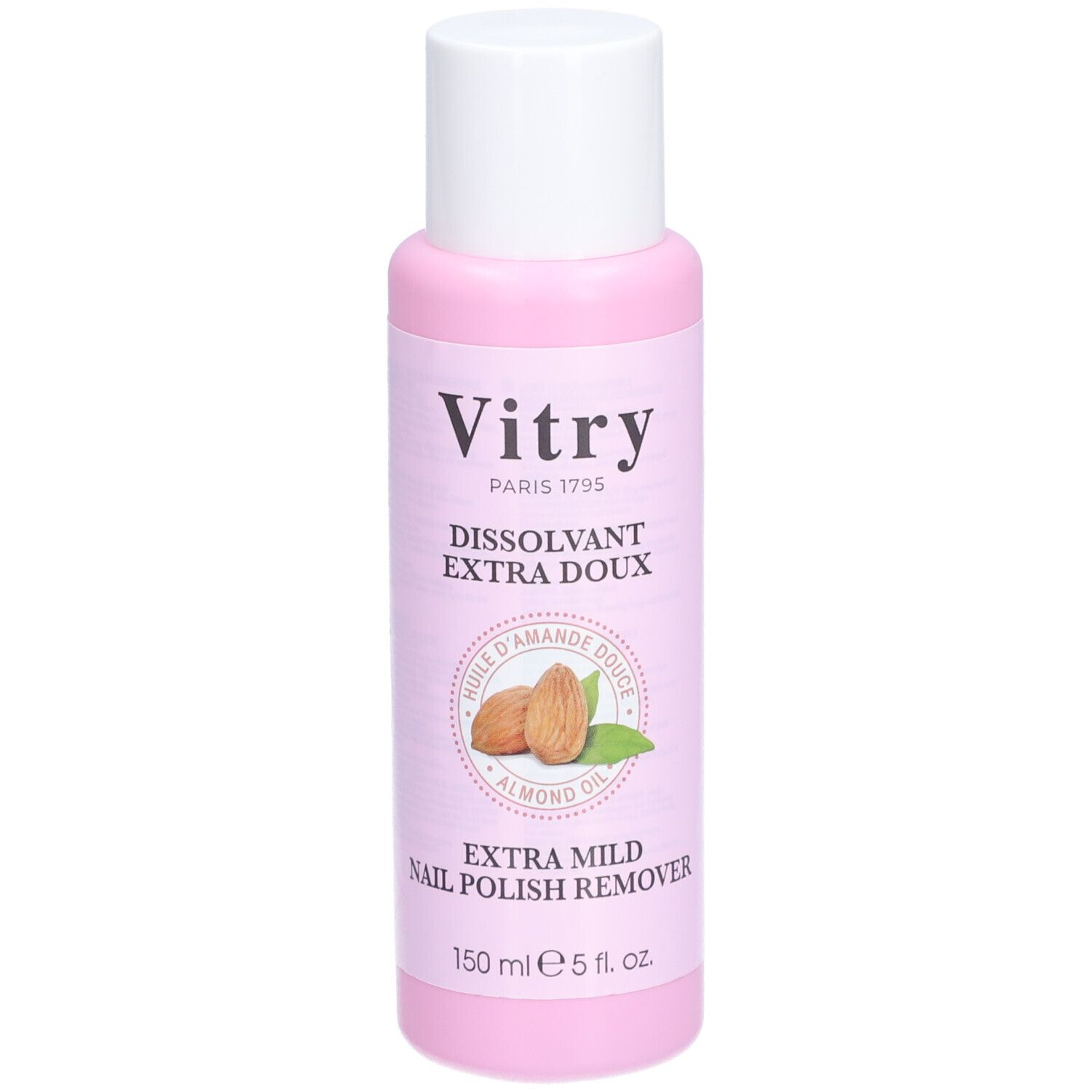 Rosa Flasche mit weißem Deckel. Aufschrift: Vitry, Dissolvant Extra Doux, Mandelöl. Extra milder Nagellackentferner.