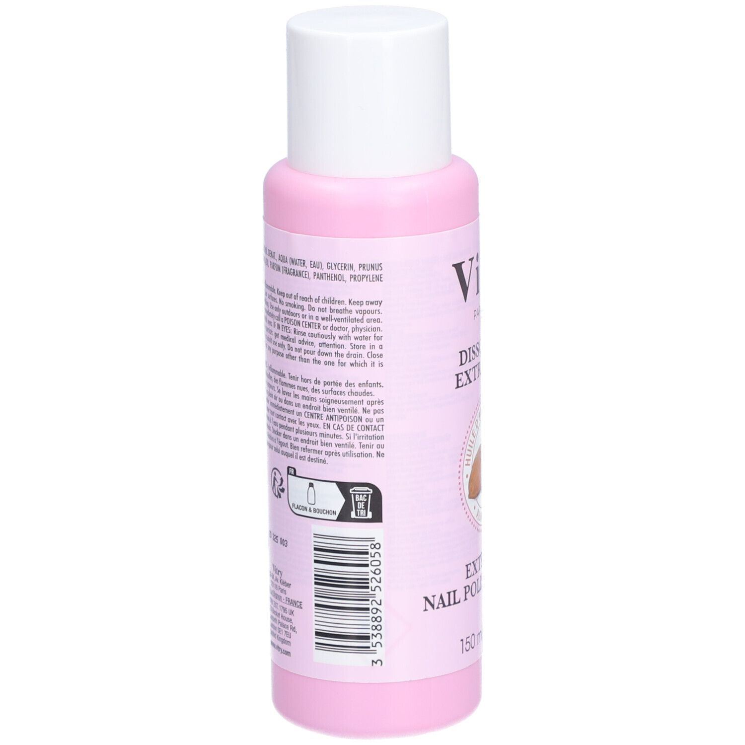Rückseite einer rosa Flasche mit weißem Deckel. Text und Barcode. Informationen zur Anwendung und Inhaltsstoffe.