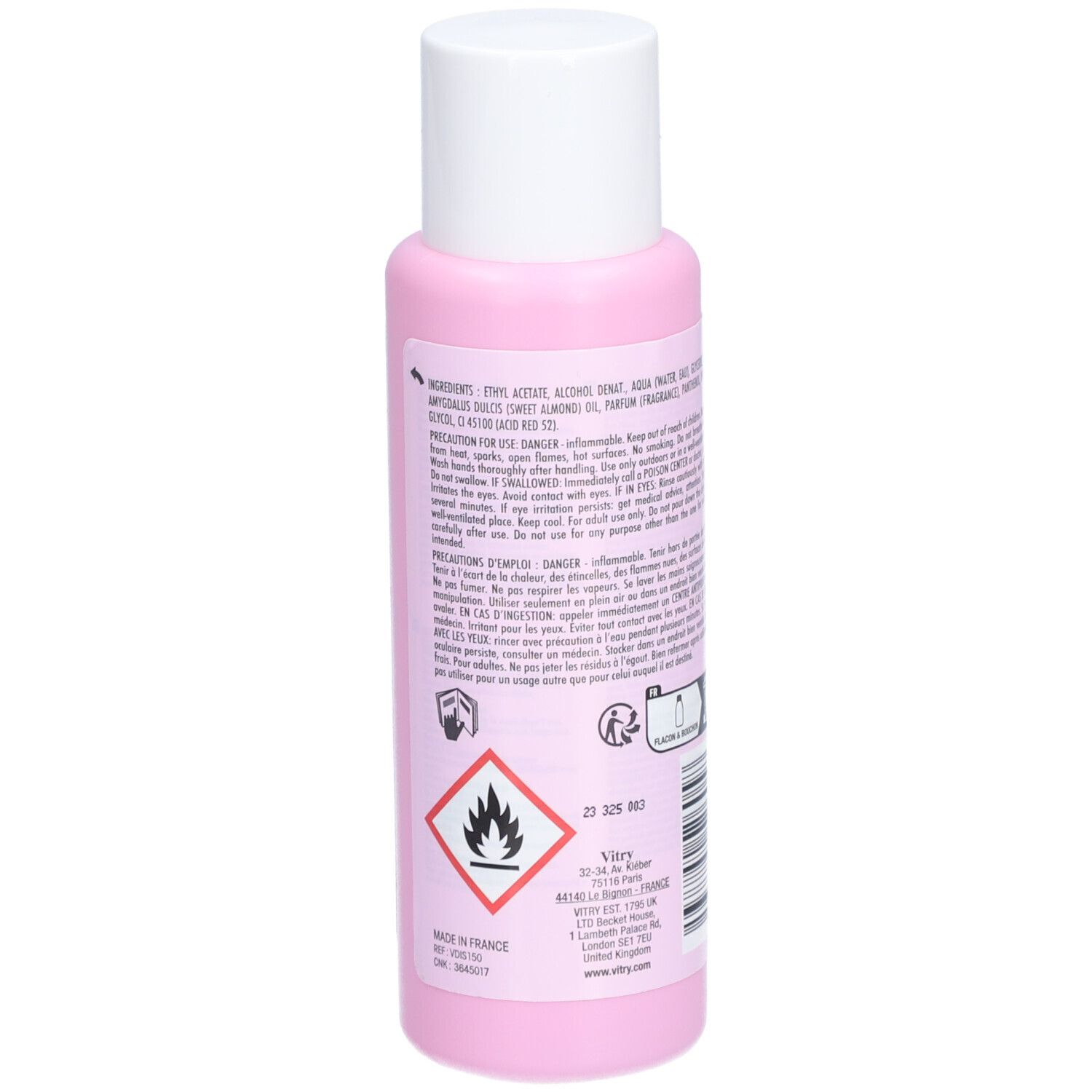 Rückseite einer rosa Flasche mit weißem Deckel. Text mit Inhaltsstoffen und Warnhinweisen. Gefahrensymbol.