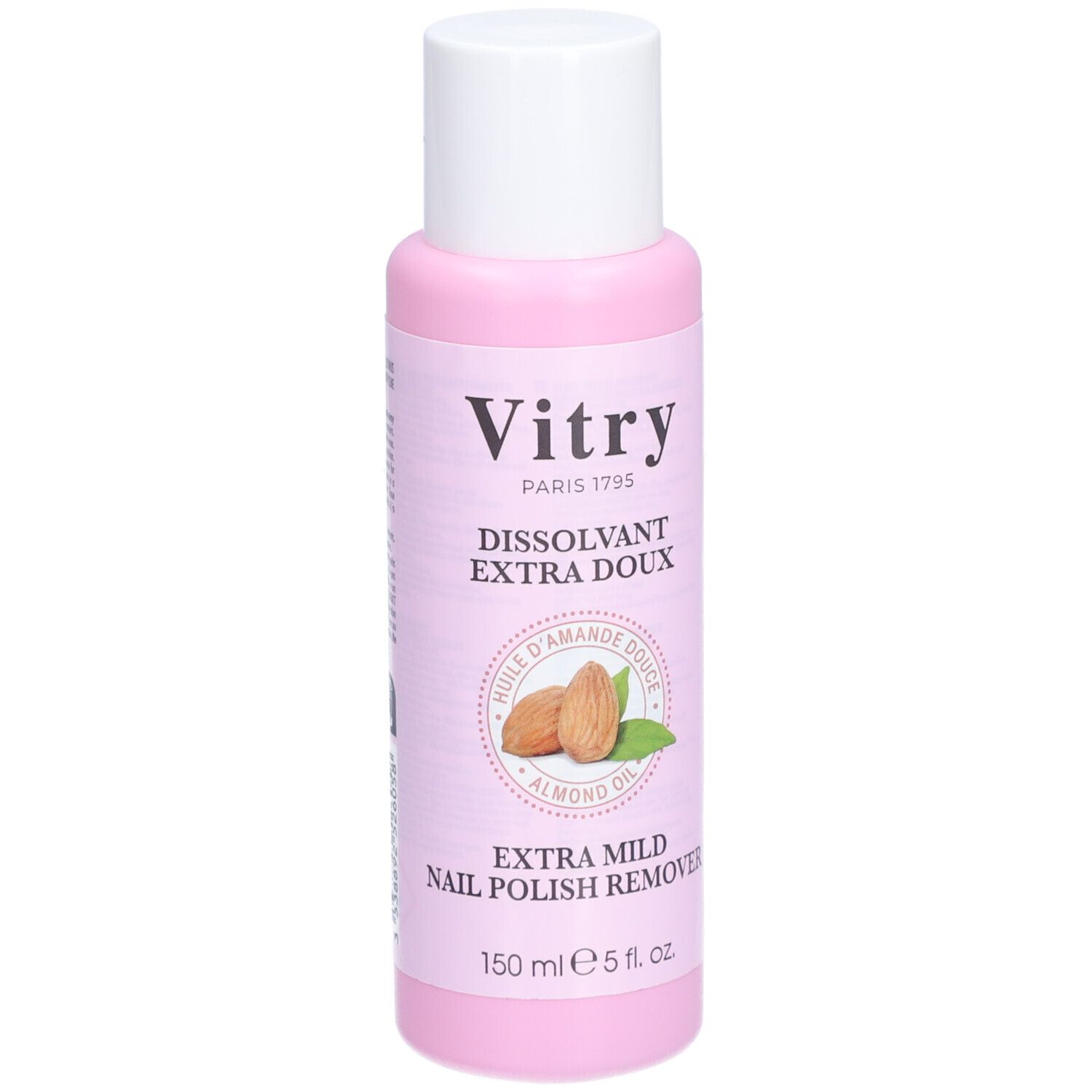 Rosa Flasche mit weißem Deckel. Aufschrift: Vitry, Dissolvant Extra Doux, Mandelöl. Extra milder Nagellackentferner.