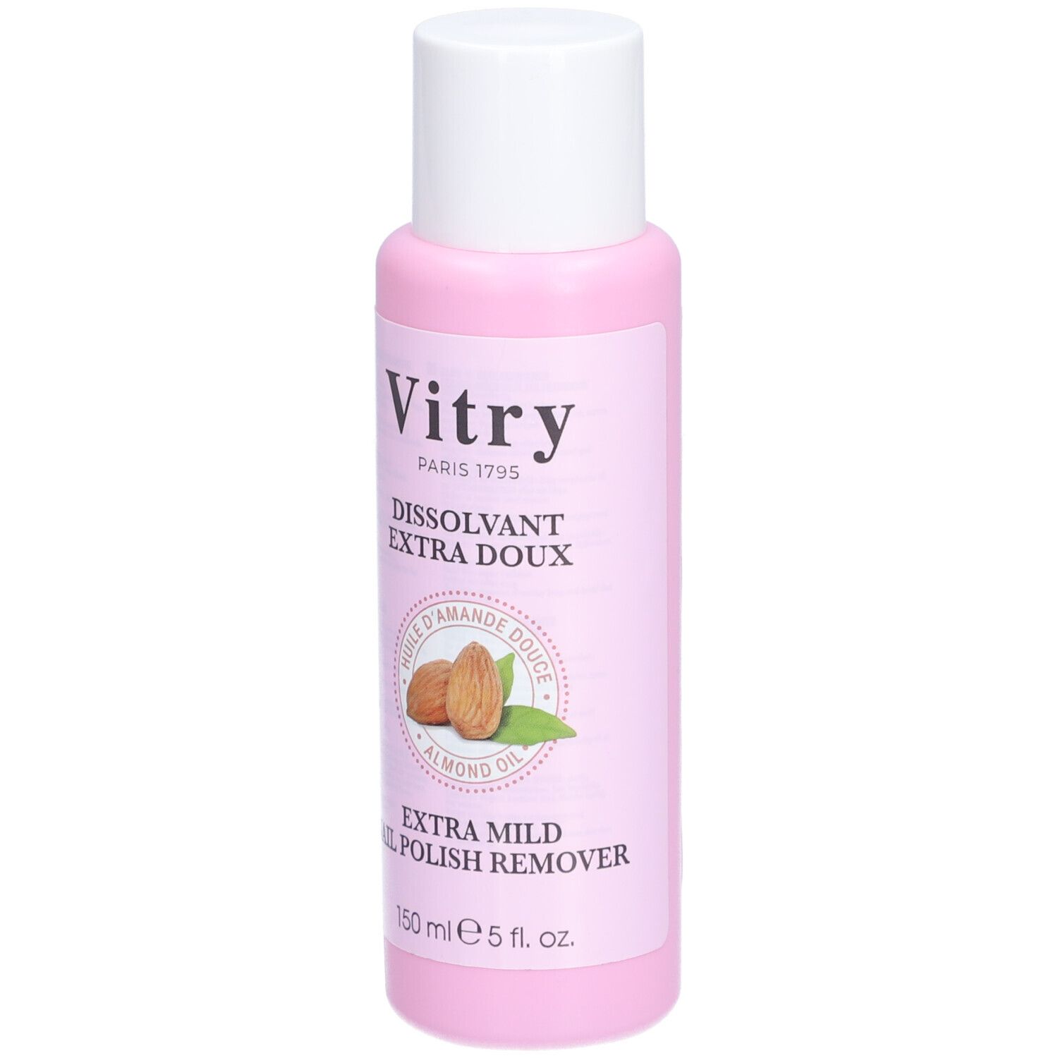 Rosa Flasche mit weißem Deckel. Aufschrift: Vitry, Dissolvant Extra Doux, Mandelöl. Extra milder Nagellackentferner.