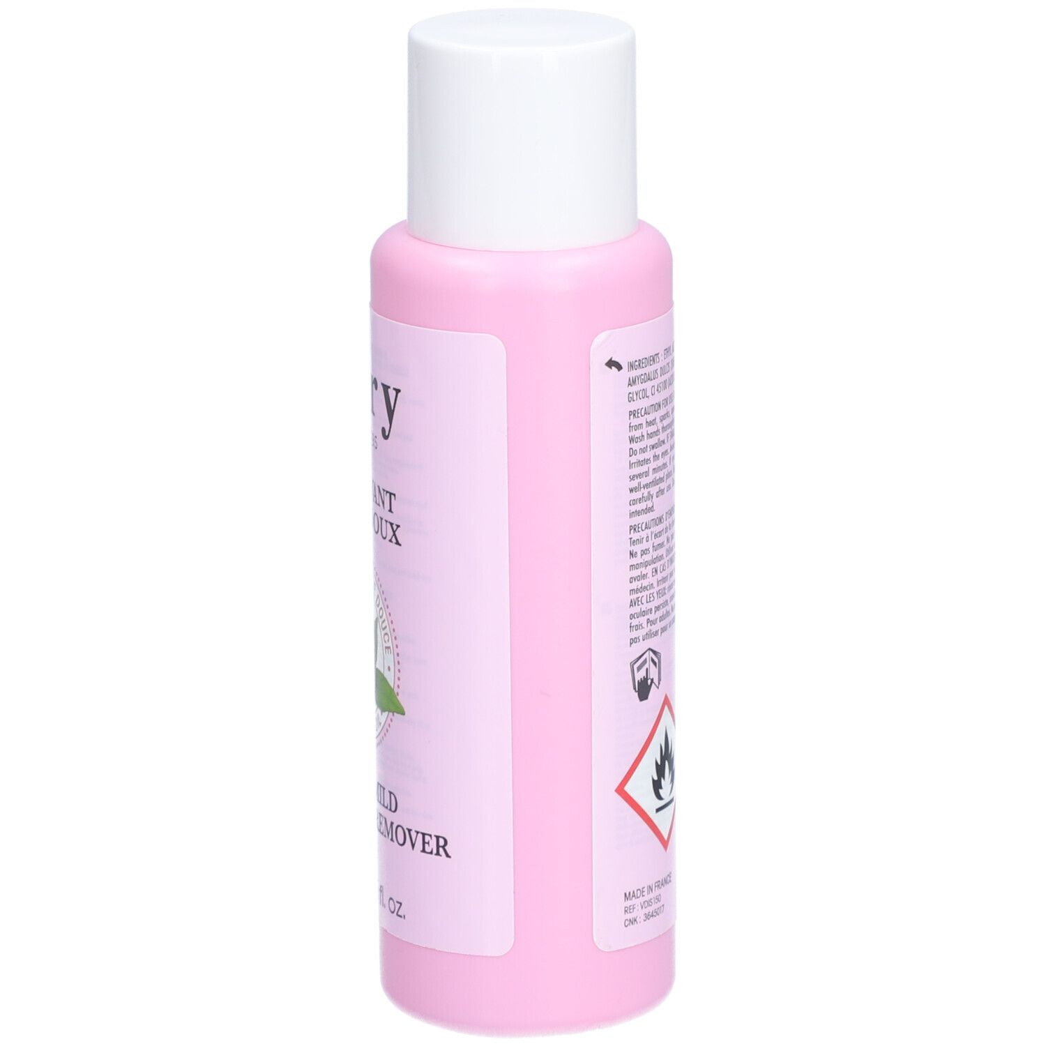 Seite einer rosa Flasche mit weißem Deckel. Text und Gefahrensymbol. Informationen zu Inhaltsstoffen und Hersteller.