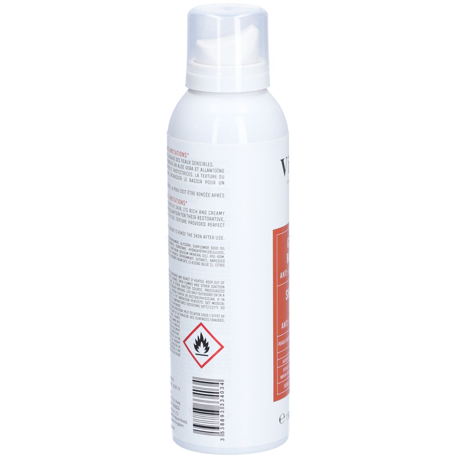 Weiße Flasche mit Sprühkopf. Rückseite mit Text und Piktogrammen. Roter Aufkleber mit Text.